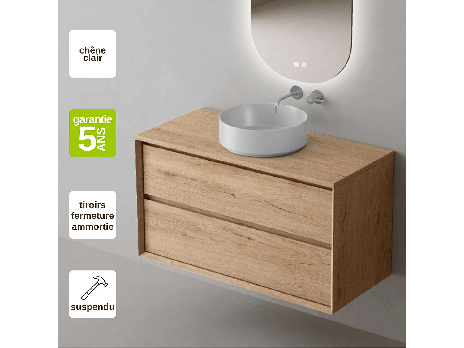Meuble Salle de Bain COOL  (61 cm x H54 x P45 cm), Plan Vasque Marin ROLL WB, 2 Tiroirs, Chêne Naturel