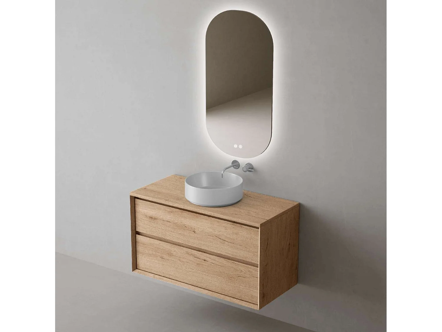 Meuble Salle de Bain COOL  (61 cm x H54 x P45 cm), Plan Vasque Marin ROLL WB, 2 Tiroirs, Chêne Naturel