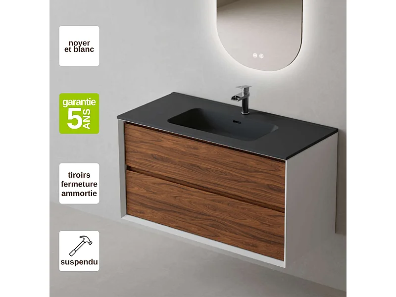 Meuble Salle de Bain COOL  (81 cm x H54 x P45 cm), Plan Vasque Céramique NM, 2 Tiroirs, Laqué Blanc Mat/Noyer