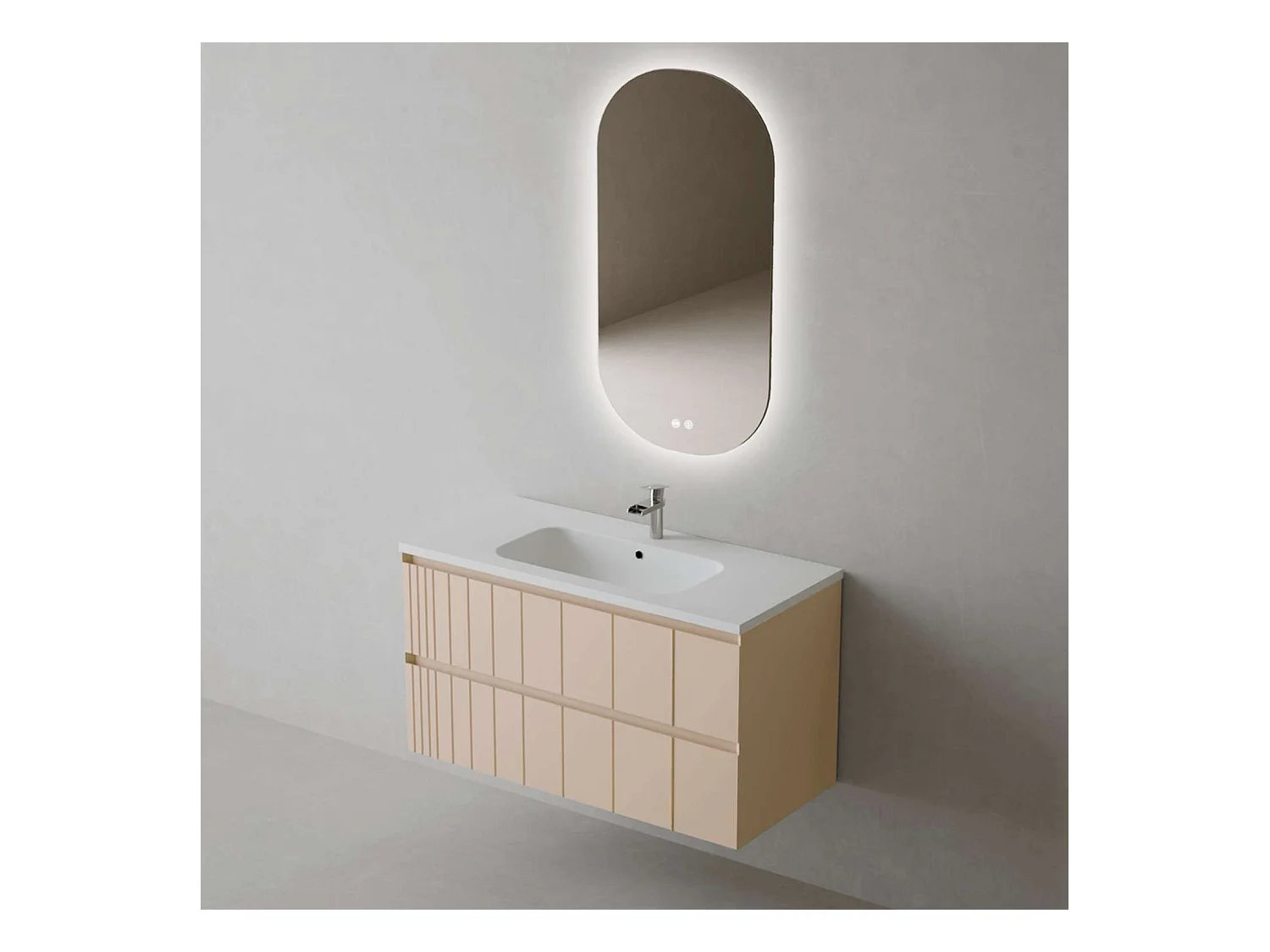 Meuble Salle de Bain POLE (61 cm x H54 x P45 cm), Plan Vasque Solide Surface MB, 2 Tiroirs, Laqué Greige Mat
