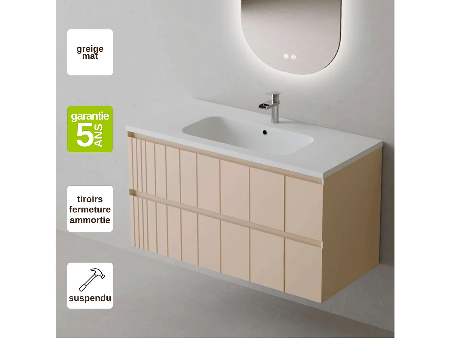 Meuble Salle de Bain POLE 60cm, Plan Vasque Solid Surface, 2 Tiroirs, Laqué Greige Mat, H 54cm x P 45cm