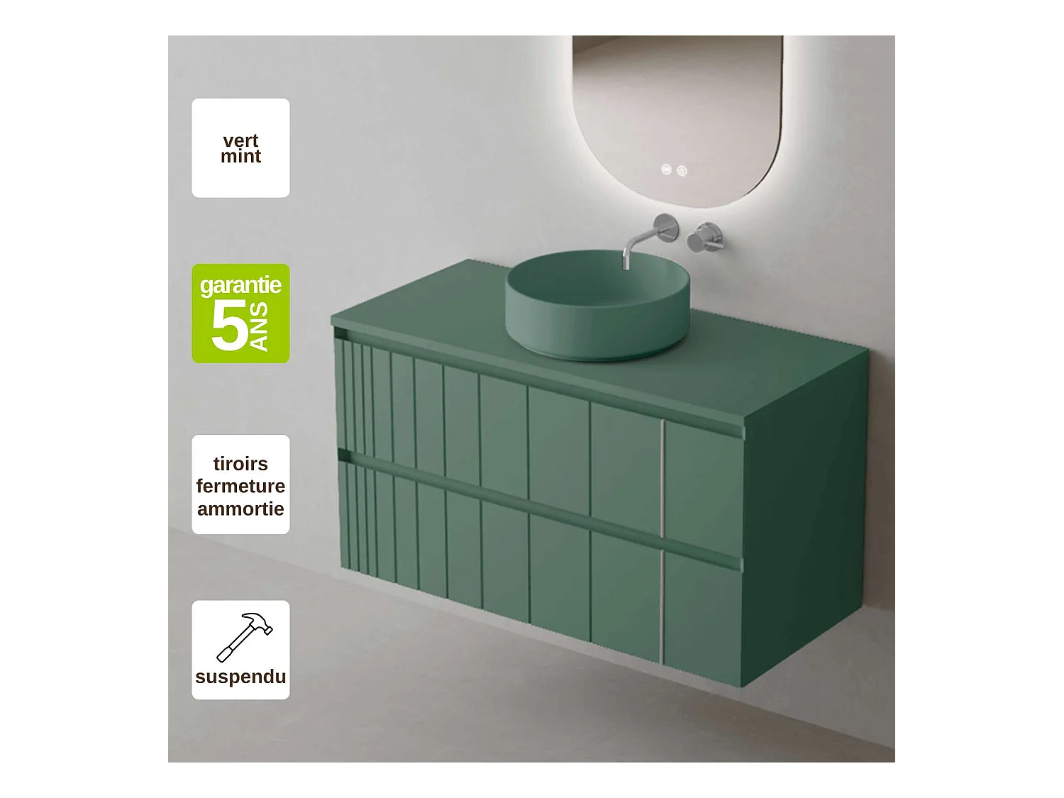Meuble Salle de Bain POLE (61 cm x H54 x P45 cm), Plan Vasque Marin ROLL VM.Mat, 2 Tiroirs, Laqué Vert Mint