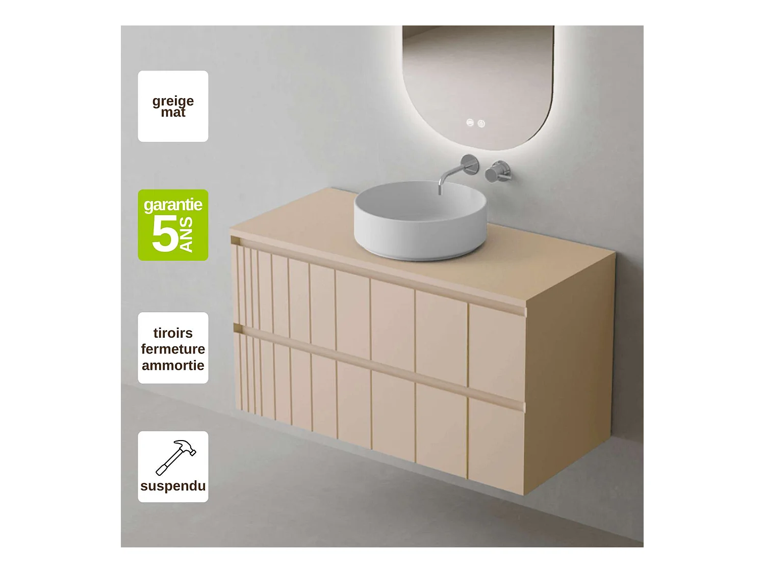 Meuble Salle de Bain POLE (81 cm x H54 x P45 cm), Plan Vasque Marin ROLL W.Brillant, 2 Tiroirs, Laqué Greige Mat