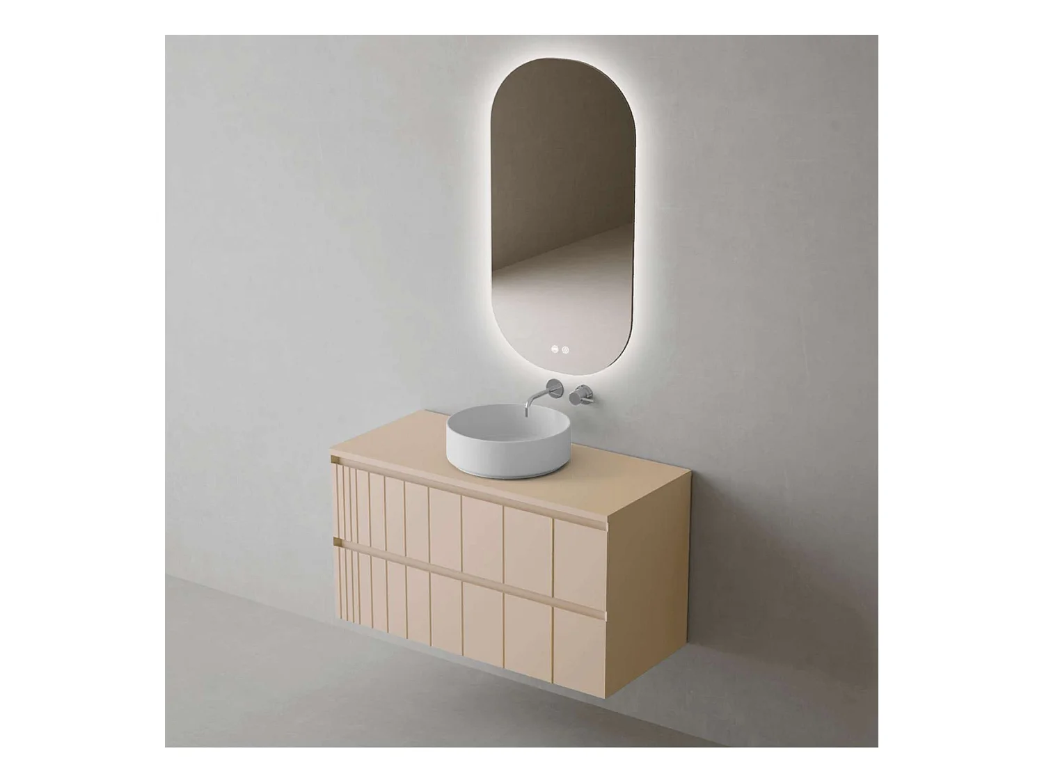 Meuble Salle de Bain POLE (81 cm x H54 x P45 cm), Plan Vasque Marin ROLL W.Brillant, 2 Tiroirs, Laqué Greige Mat