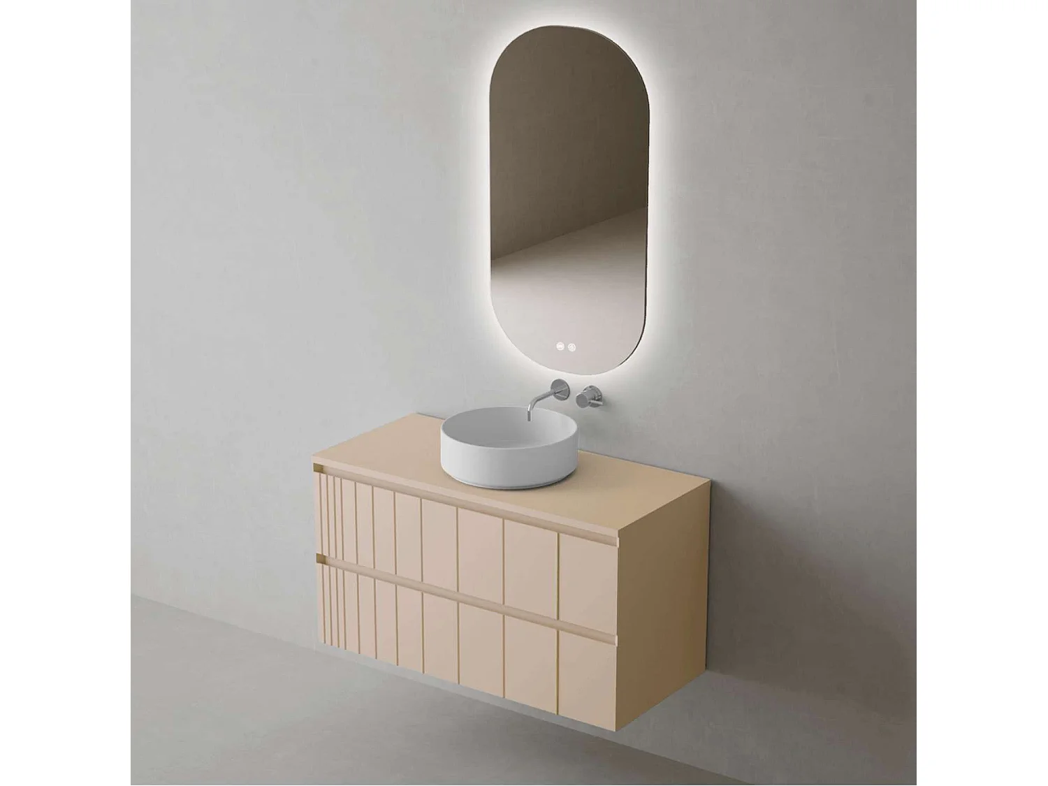 Meuble Salle de Bain POLE (81 cm x H54 x P45 cm), Plan Vasque Marin ROLL W.Brillant, 2 Tiroirs, Laqué Greige Mat