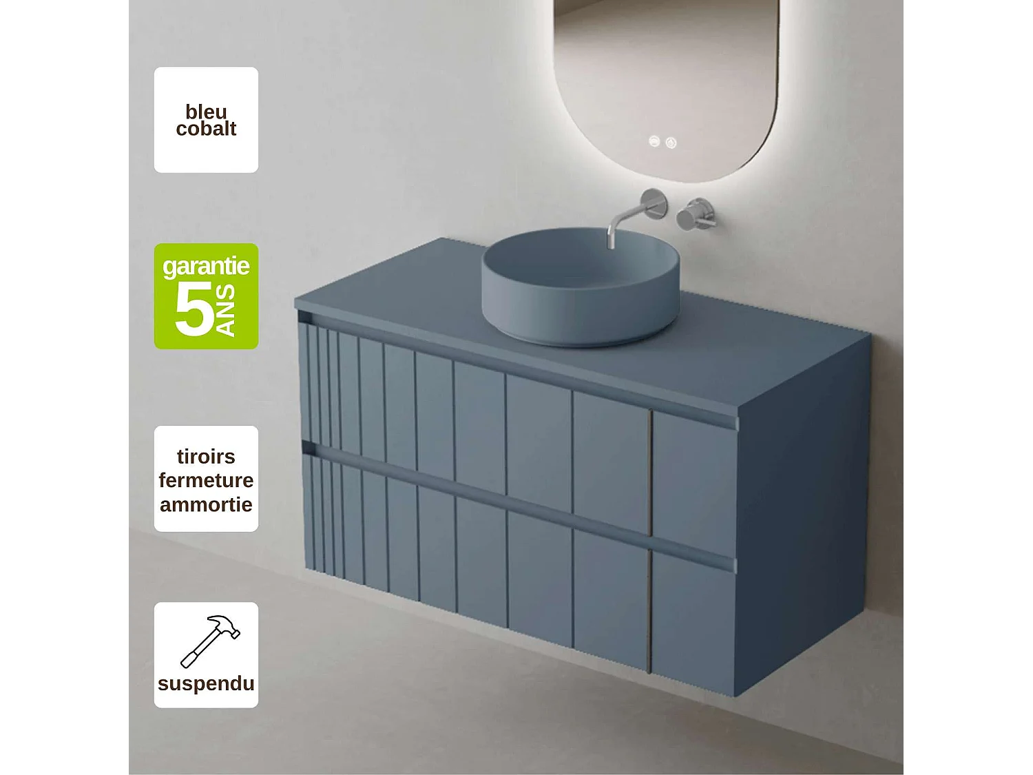 Meuble Salle de Bain POLE 60cm, Plan Vasque Marin ROLL, 2 Tiroirs, Laqué Bleu Cobalt, H 54cm x P 45cm