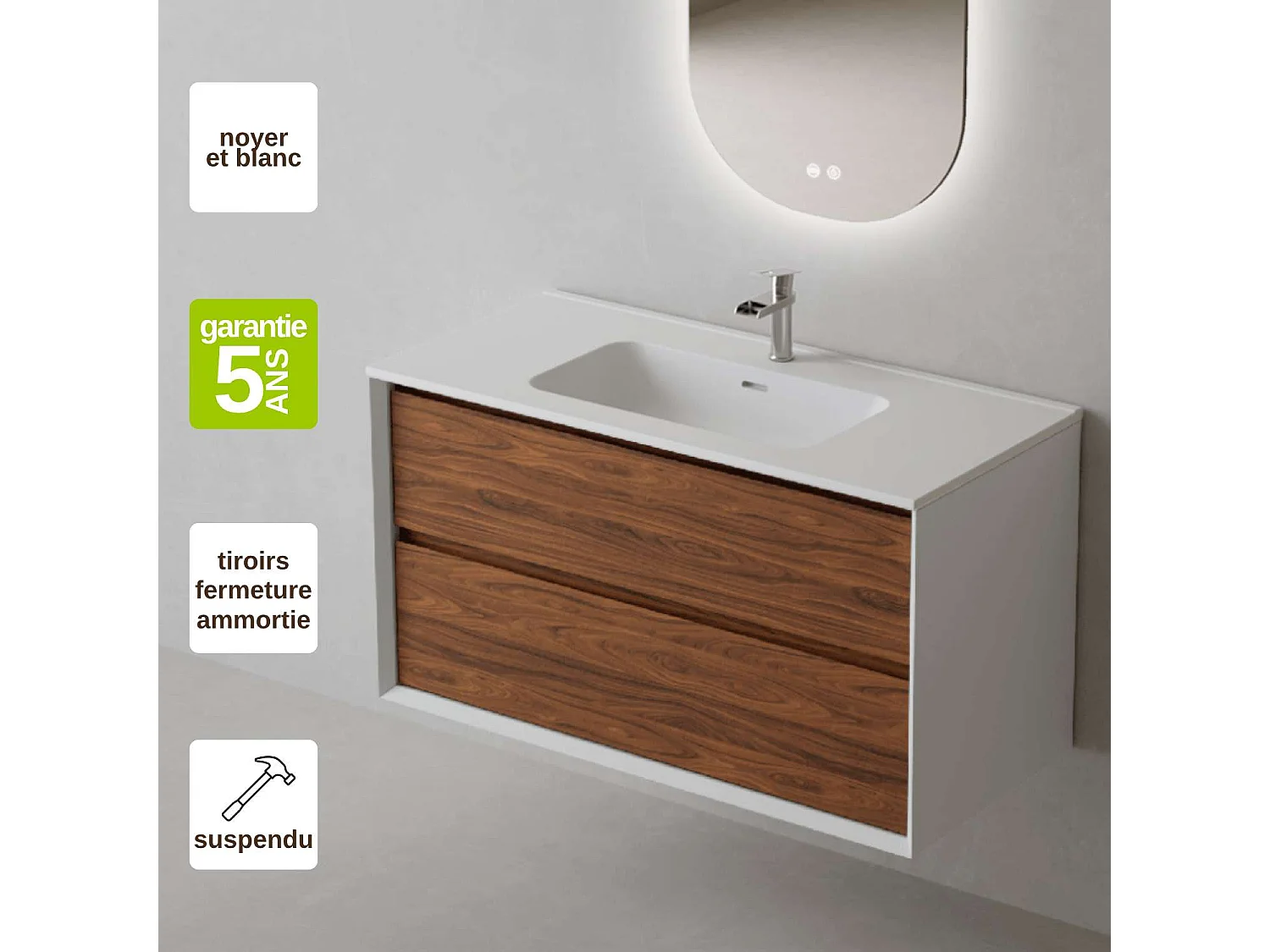 Meuble Salle de Bain COOL  (61 cm x H54 x P45 cm), Plan Vasque Céramique WM, 2 Tiroirs, Laqué Blanc Mat/Noyer