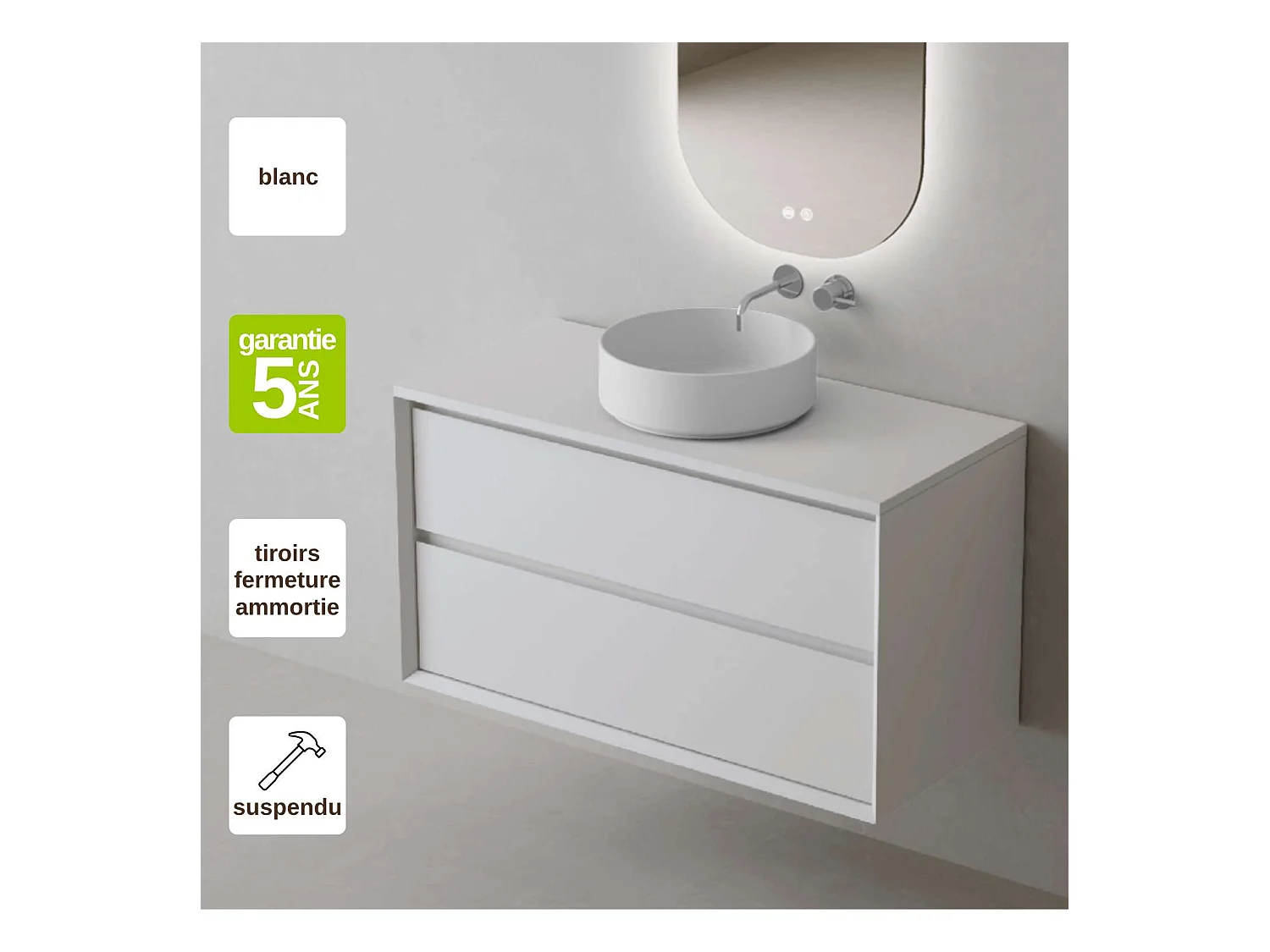 Meuble Salle de Bain COOL  (81 cm x H54 x P45 cm), Plan Vasque Marin ROLL WM, 2 Tiroirs, Laqué Blanc Mat/Noyer