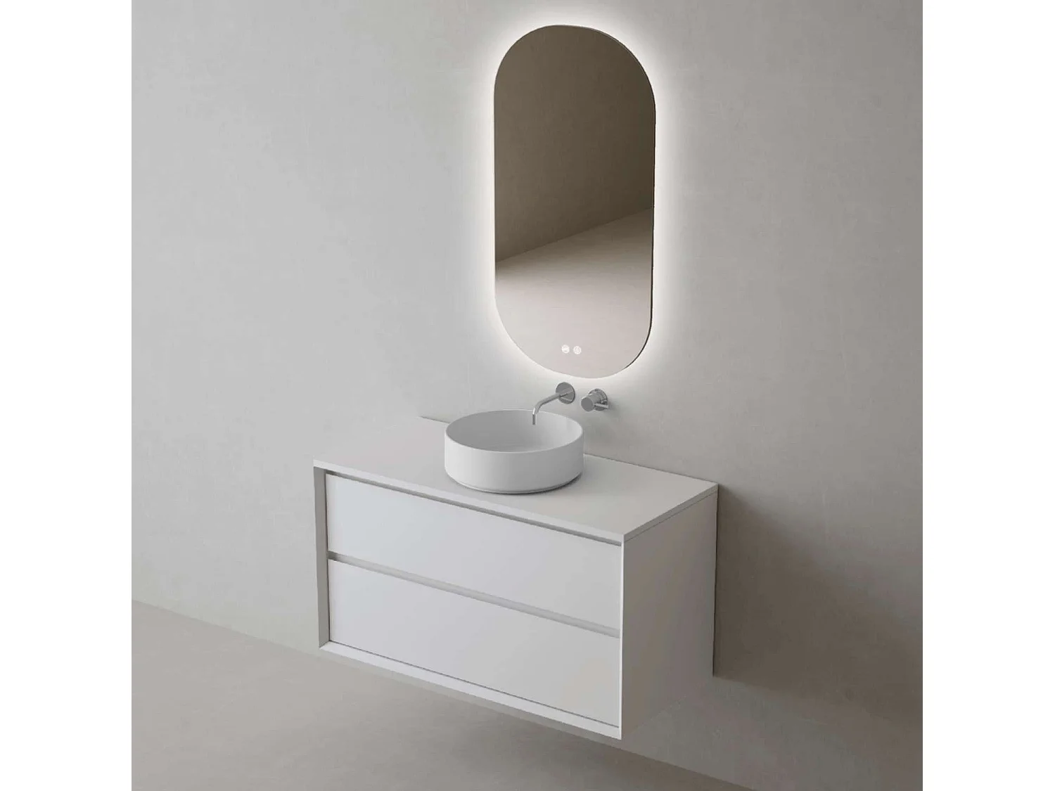 Meuble Salle de Bain COOL  (81 cm x H54 x P45 cm), Plan Vasque Marin ROLL WM, 2 Tiroirs, Laqué Blanc Mat/Noyer