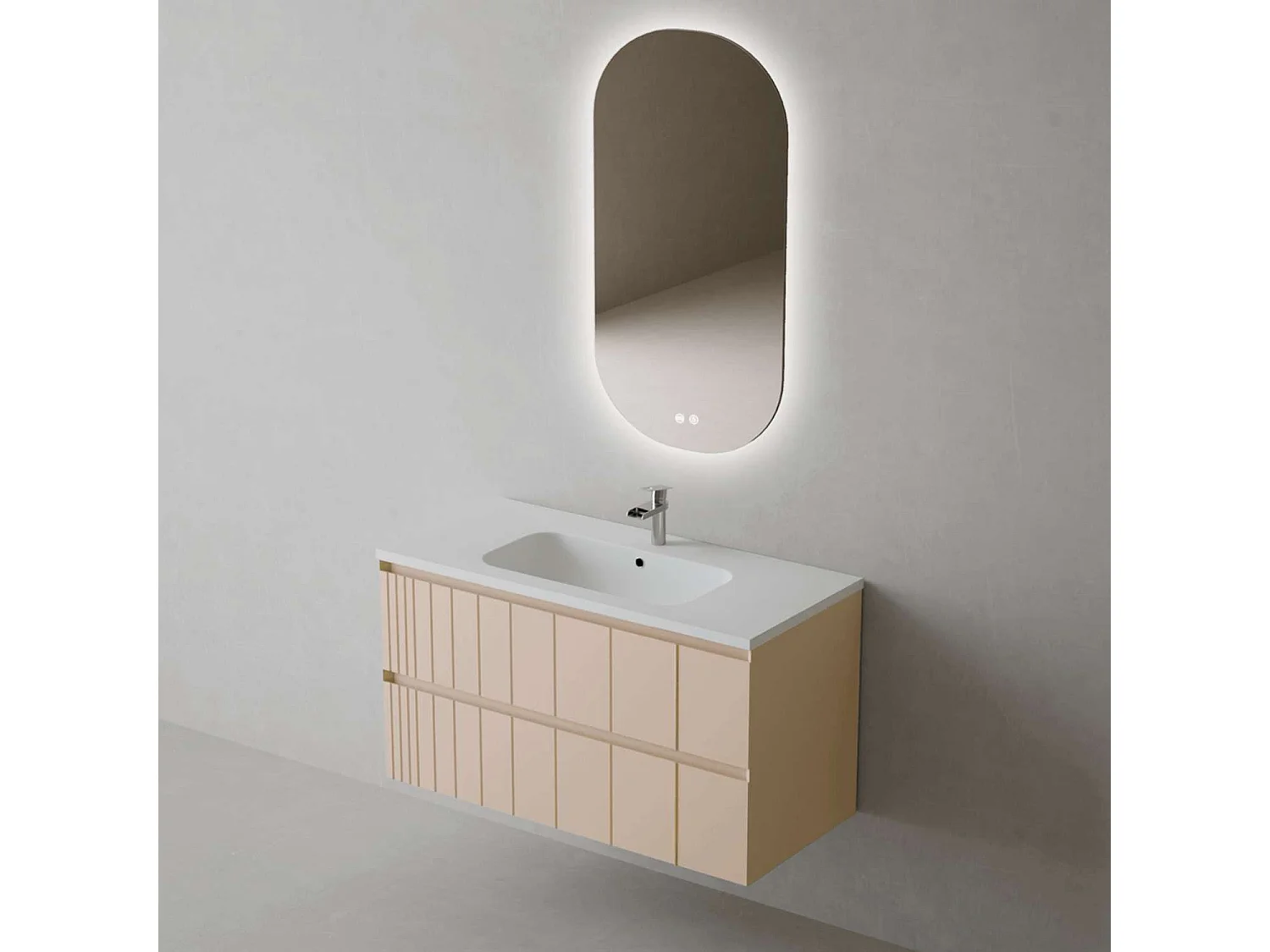 Meuble Salle de Bain POLE (81 cm x H54 x P45 cm), Plan Vasque Solide Surface MB, 2 Tiroirs, Laqué Greige Mat