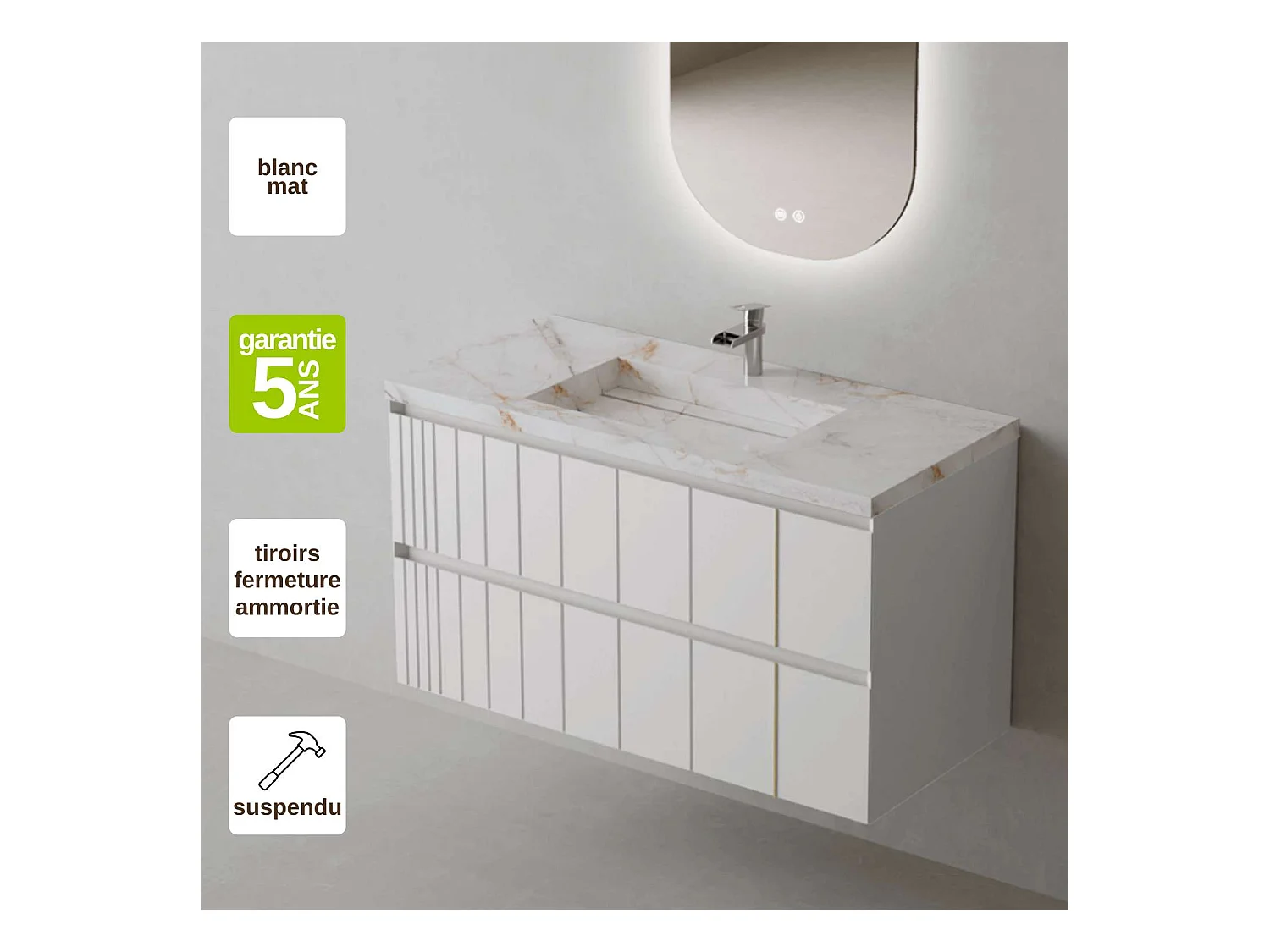 Meuble Salle de Bain POLE (81 cm x H54 x P45 cm), Plan Grès Cérame BS, 2 Tiroirs, Laqué Blanc Mat