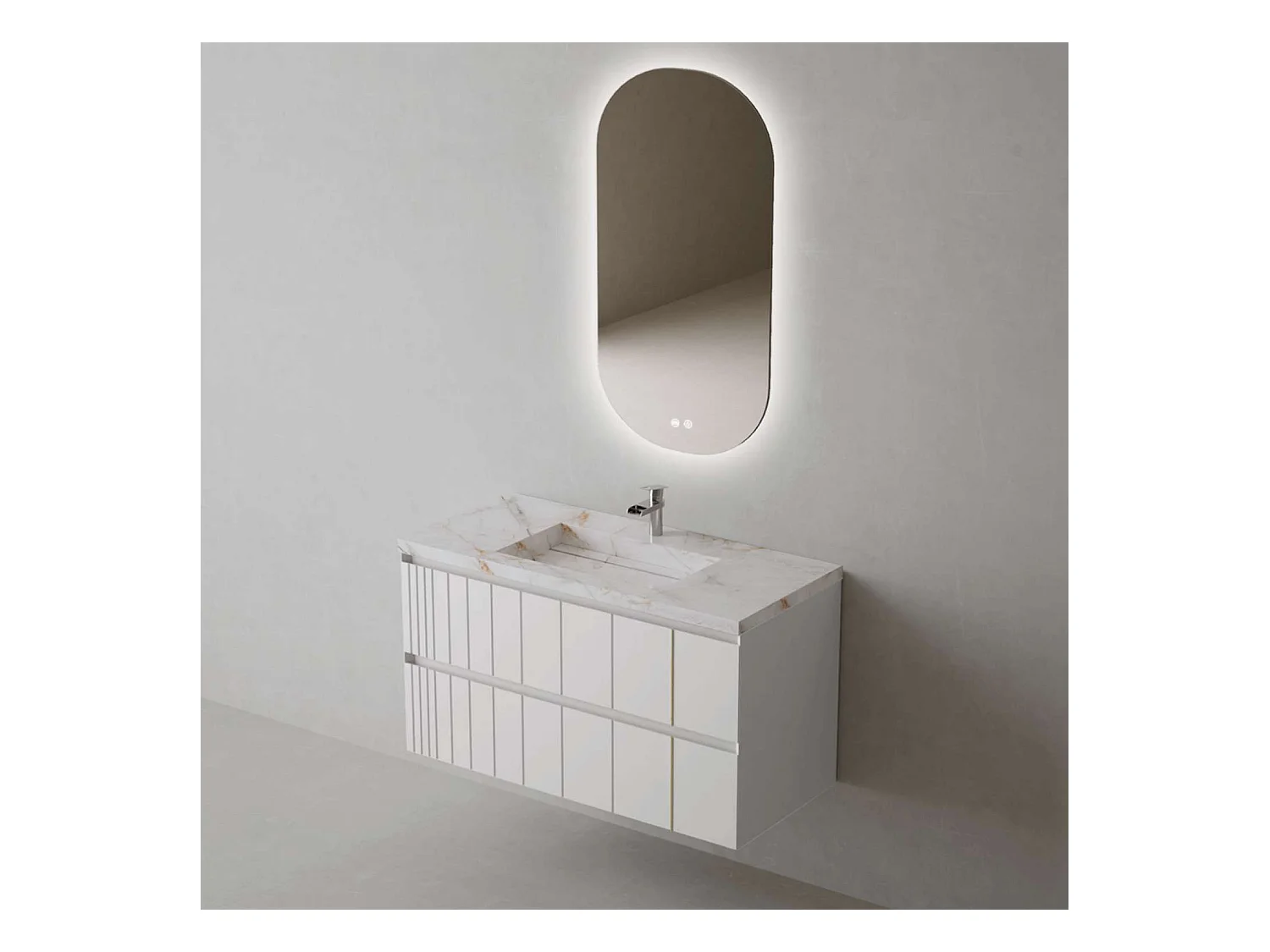 Meuble Salle de Bain POLE (81 cm x H54 x P45 cm), Plan Grès Cérame BS, 2 Tiroirs, Laqué Blanc Mat