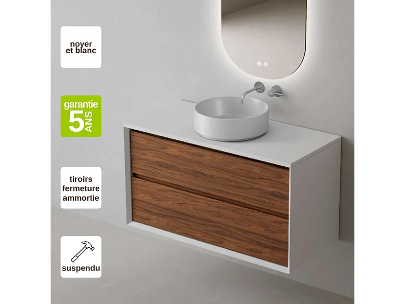 Meuble Salle de Bain COOL  (101 cm x H54 x P45 cm), Plan Vasque Marin ROLL WB, 2 Tiroirs, Laqué Blanc Mat/Noyer