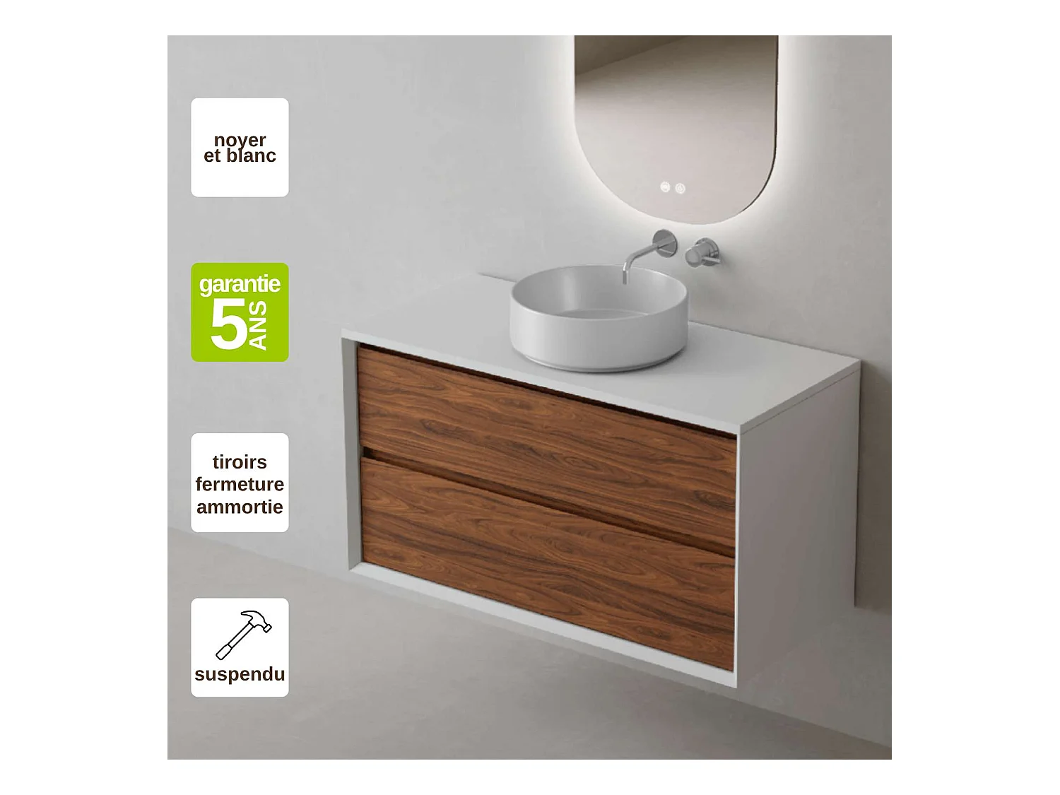 Meuble Salle de Bain COOL  (101 cm x H54 x P45 cm), Plan Vasque Marin ROLL WB, 2 Tiroirs, Laqué Blanc Mat/Noyer