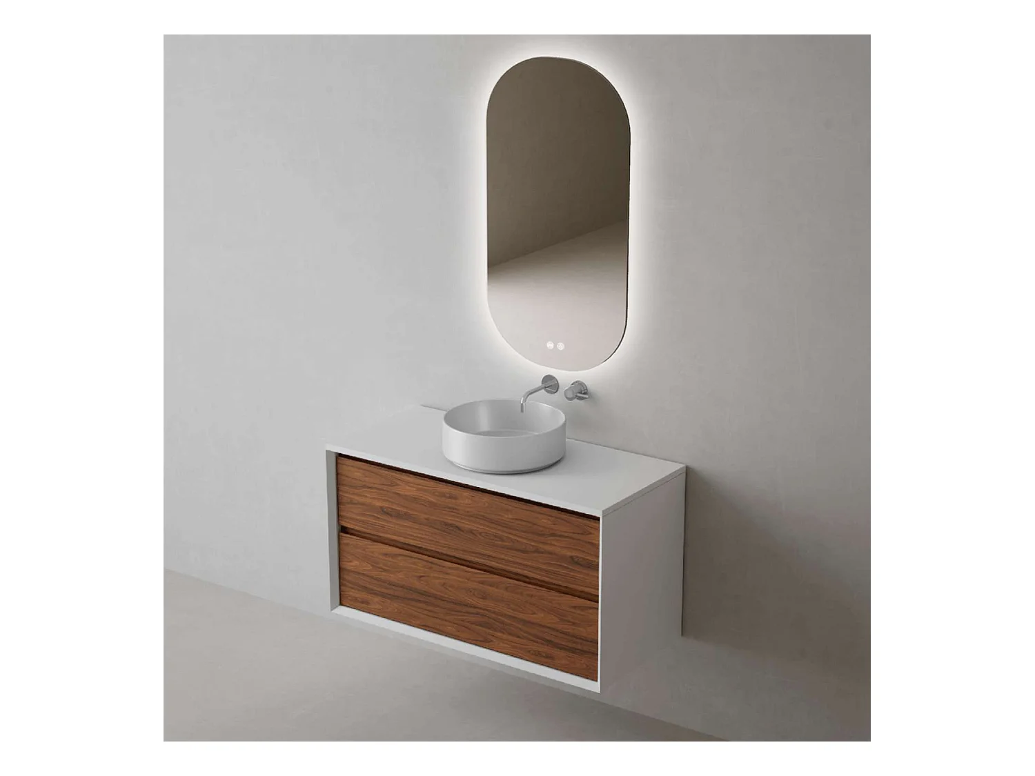 Meuble Salle de Bain COOL  (101 cm x H54 x P45 cm), Plan Vasque Marin ROLL WB, 2 Tiroirs, Laqué Blanc Mat/Noyer