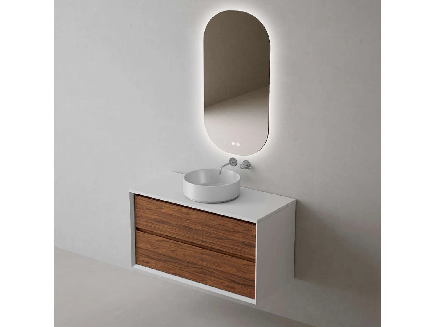 Meuble Salle de Bain COOL  (101 cm x H54 x P45 cm), Plan Vasque Marin ROLL WB, 2 Tiroirs, Laqué Blanc Mat/Noyer