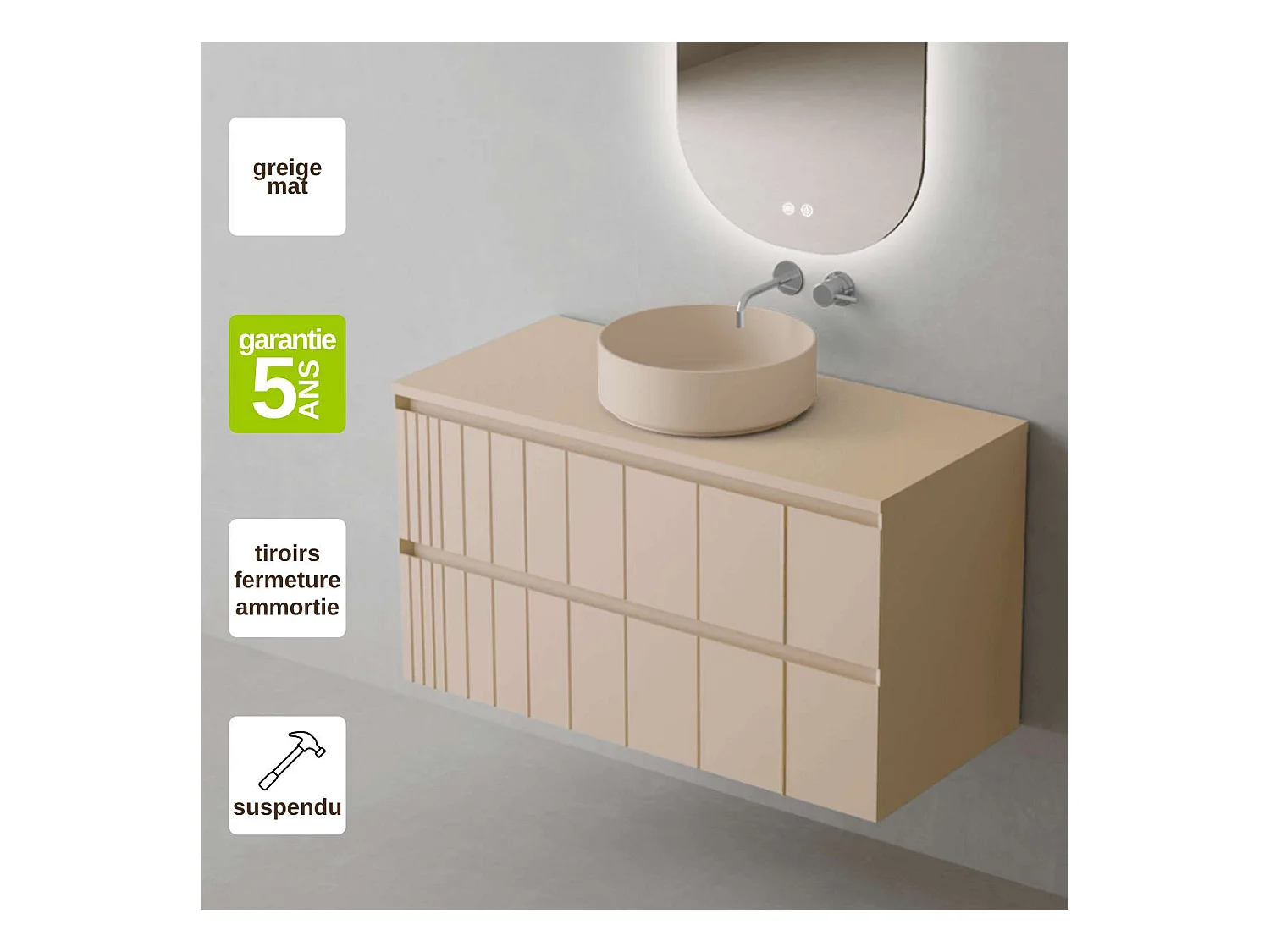 Meuble Salle de Bain POLE (61 cm x H54 x P45 cm), Plan Vasque Marin ROLL G.Mat, 2 Tiroirs, Laqué Greige Mat