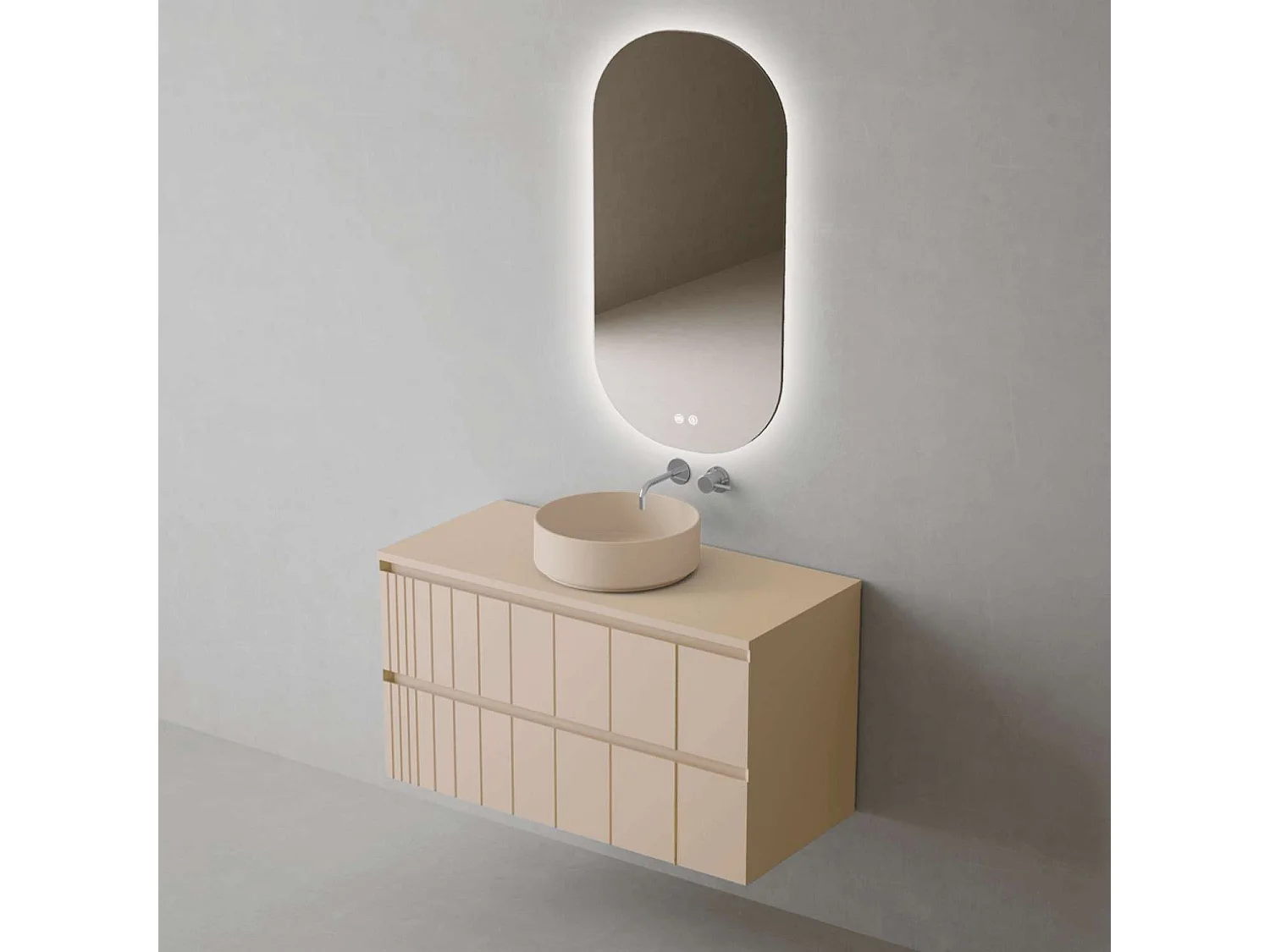 Meuble Salle de Bain POLE (61 cm x H54 x P45 cm), Plan Vasque Marin ROLL G.Mat, 2 Tiroirs, Laqué Greige Mat