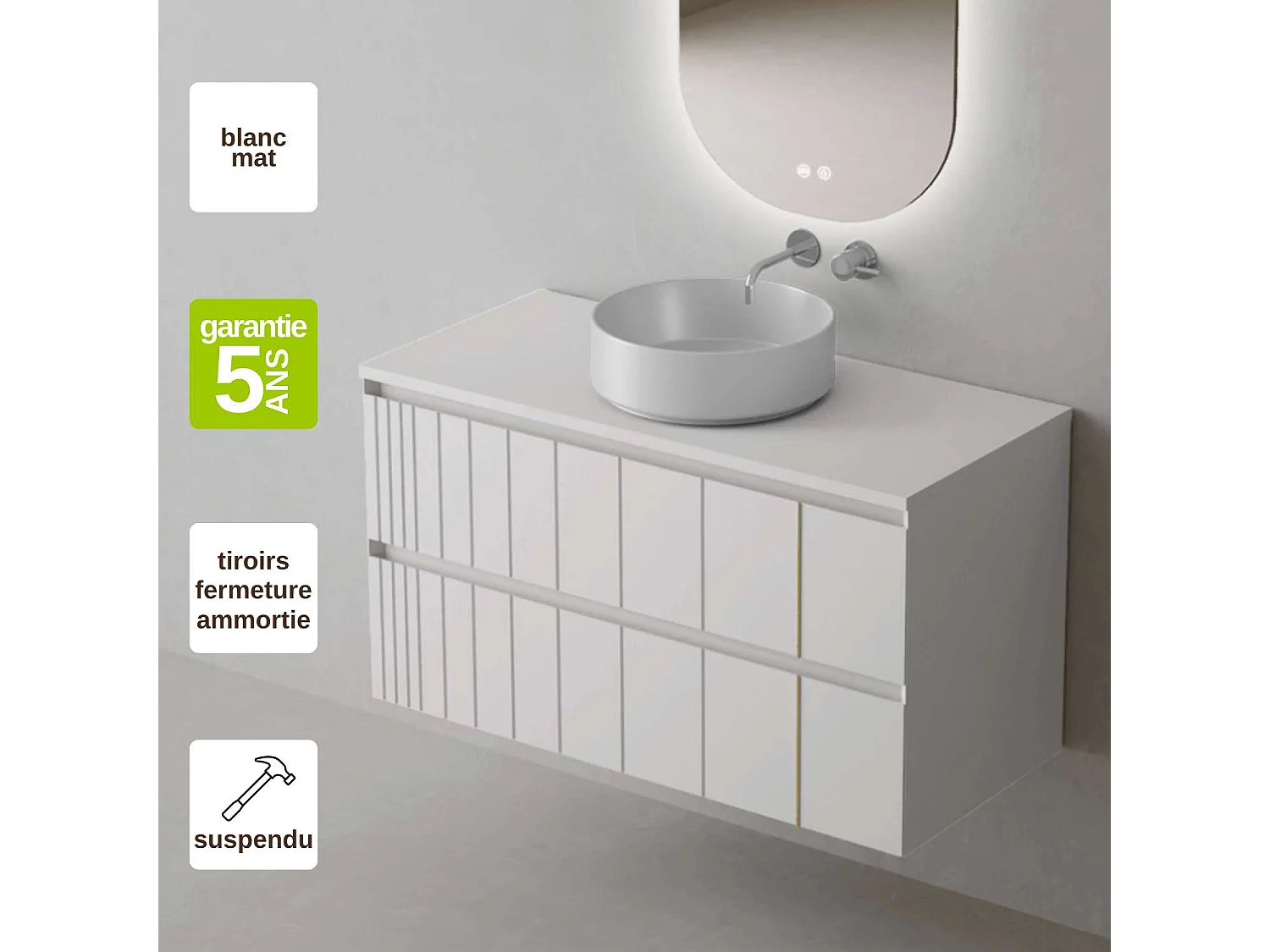 Meuble Salle de Bain POLE (61 cm x H54 x P45 cm), Plan Vasque Marin ROLL W.Brillant, 2 Tiroirs, Laqué Blanc Mat