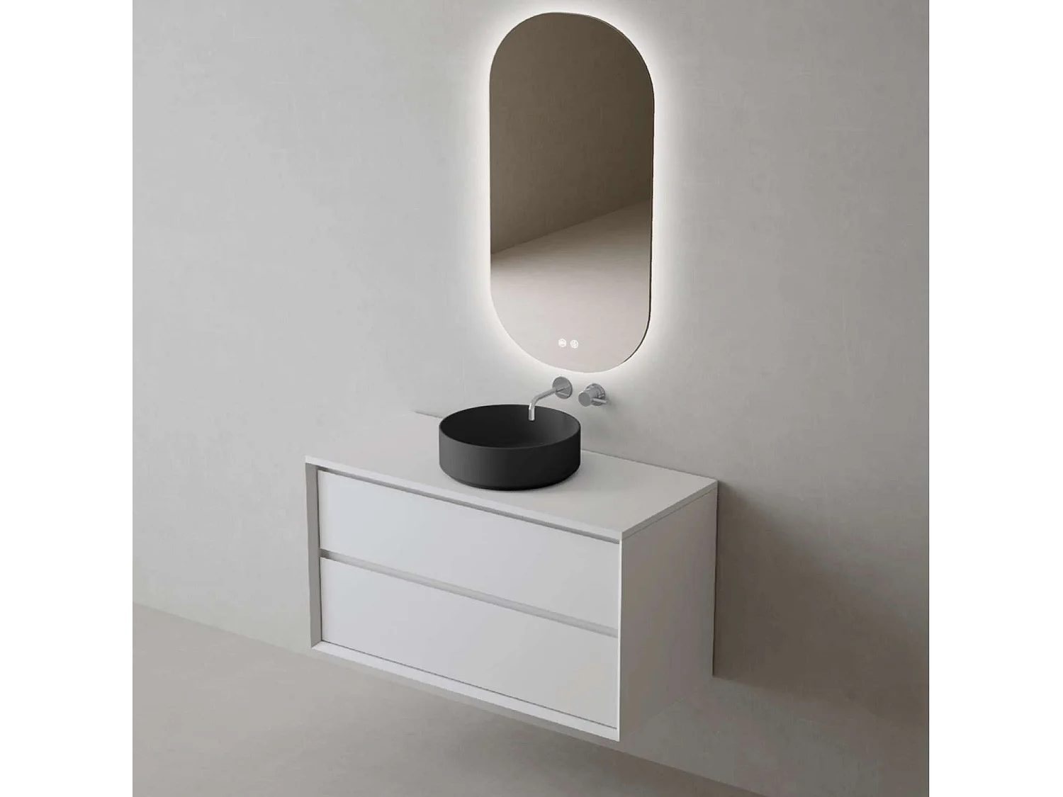 Meuble Salle de Bain COOL  (61 cm x H54 x P45 cm), Plan Vasque Marin ROLL NM, 2 Tiroirs, Laqué Blanc Mat/Noyer