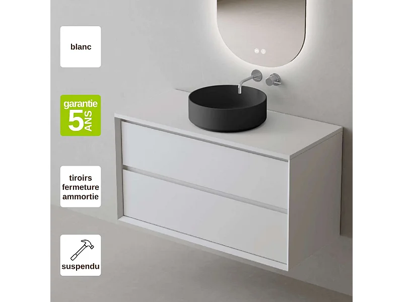Meuble Salle de Bain COOL  (61 cm x H54 x P45 cm), Plan Vasque Marin ROLL NM, 2 Tiroirs, Laqué Blanc Mat/Noyer