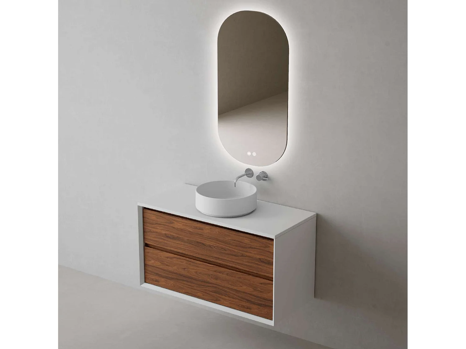 Meuble Salle de Bain COOL  (61 cm x H54 x P45 cm), Plan Vasque Marin ROLL WM, 2 Tiroirs, Laqué Blanc Mat/Noyer