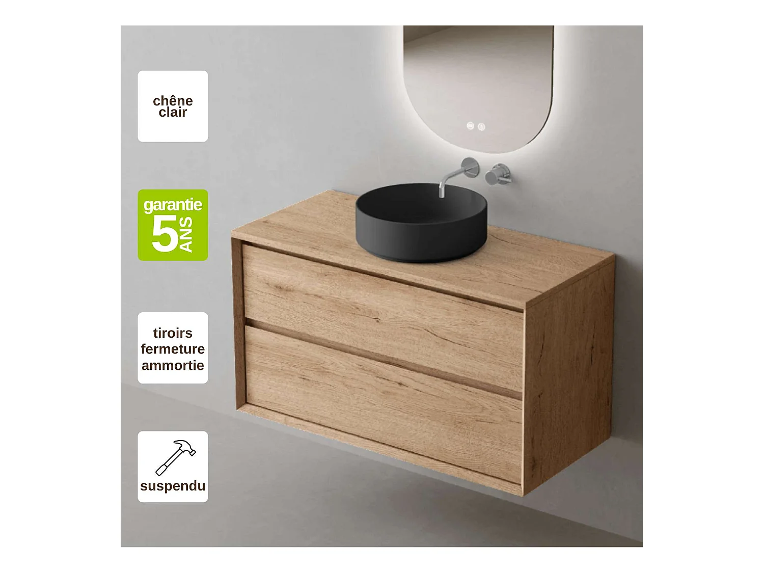 Meuble Salle de Bain COOL  (61 cm x H54 x P45 cm), Plan Vasque Marin ROLL NM, 2 Tiroirs, Chêne Naturel