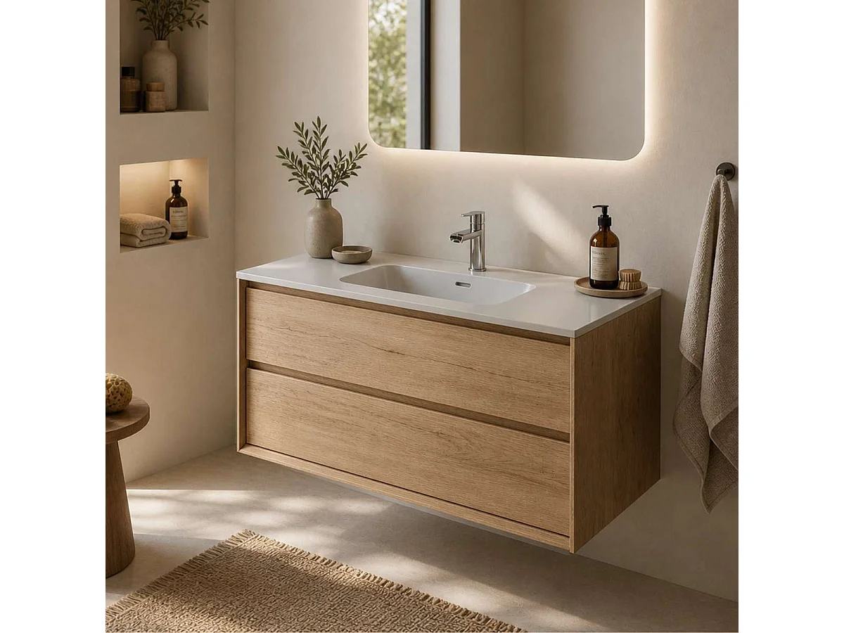 Meuble Salle de Bain COOL 100cm, Plan Vasque Céramique, 2 Tiroirs, Finition Chêne Naturel, H 54cm x P 45cm