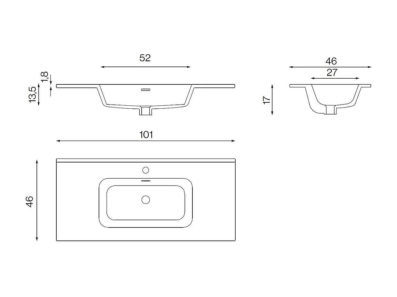 Meuble Salle de Bain COOL 100cm, Plan Vasque Céramique, 2 Tiroirs, Finition Chêne Naturel, H 54cm x P 45cm