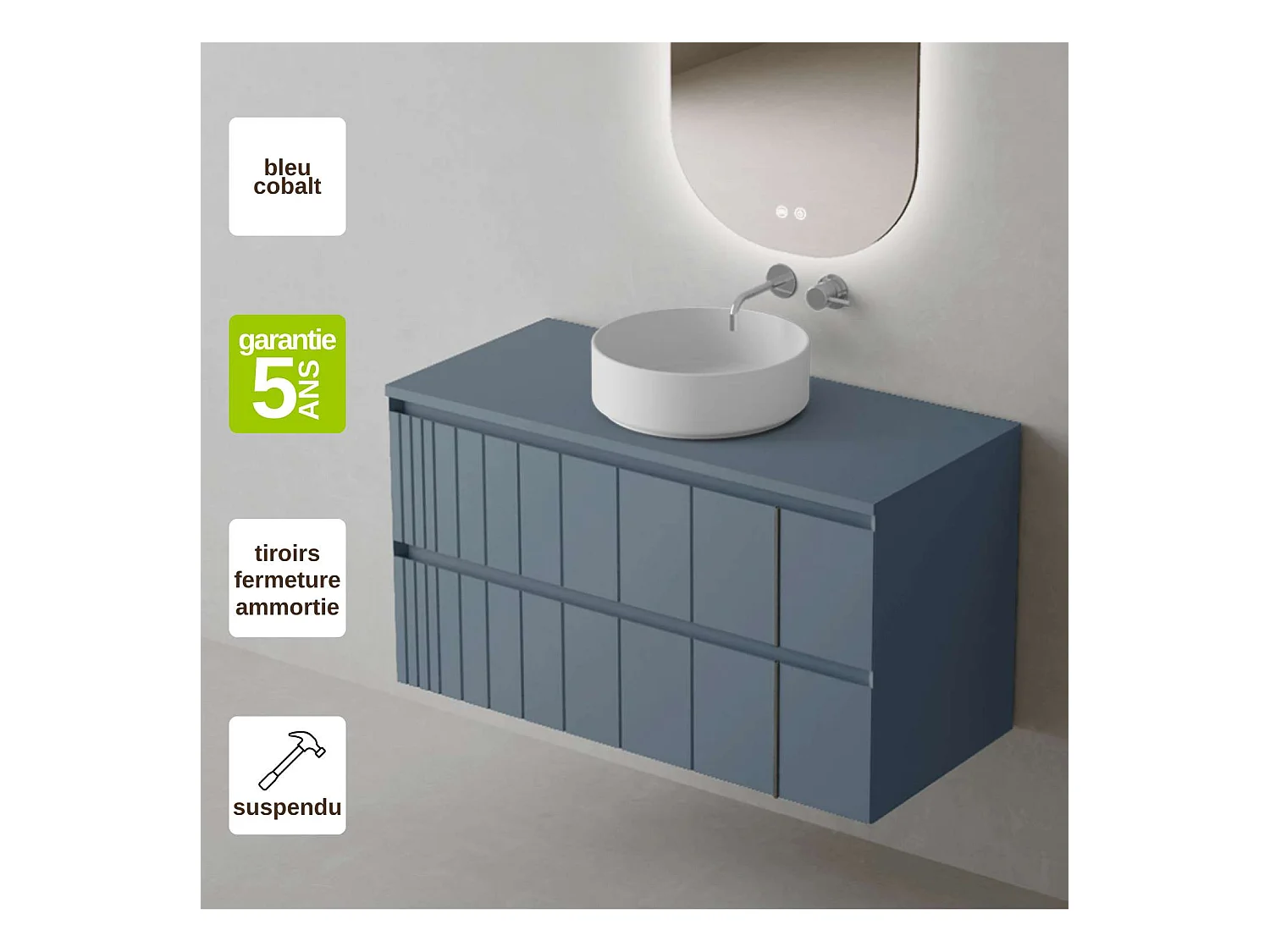 Meuble Salle de Bain POLE (81 cm x H54 x P45 cm), Plan Vasque Marin ROLL W.Brillant, 2 Tiroirs, Laqué Bleu Cobalt Mat