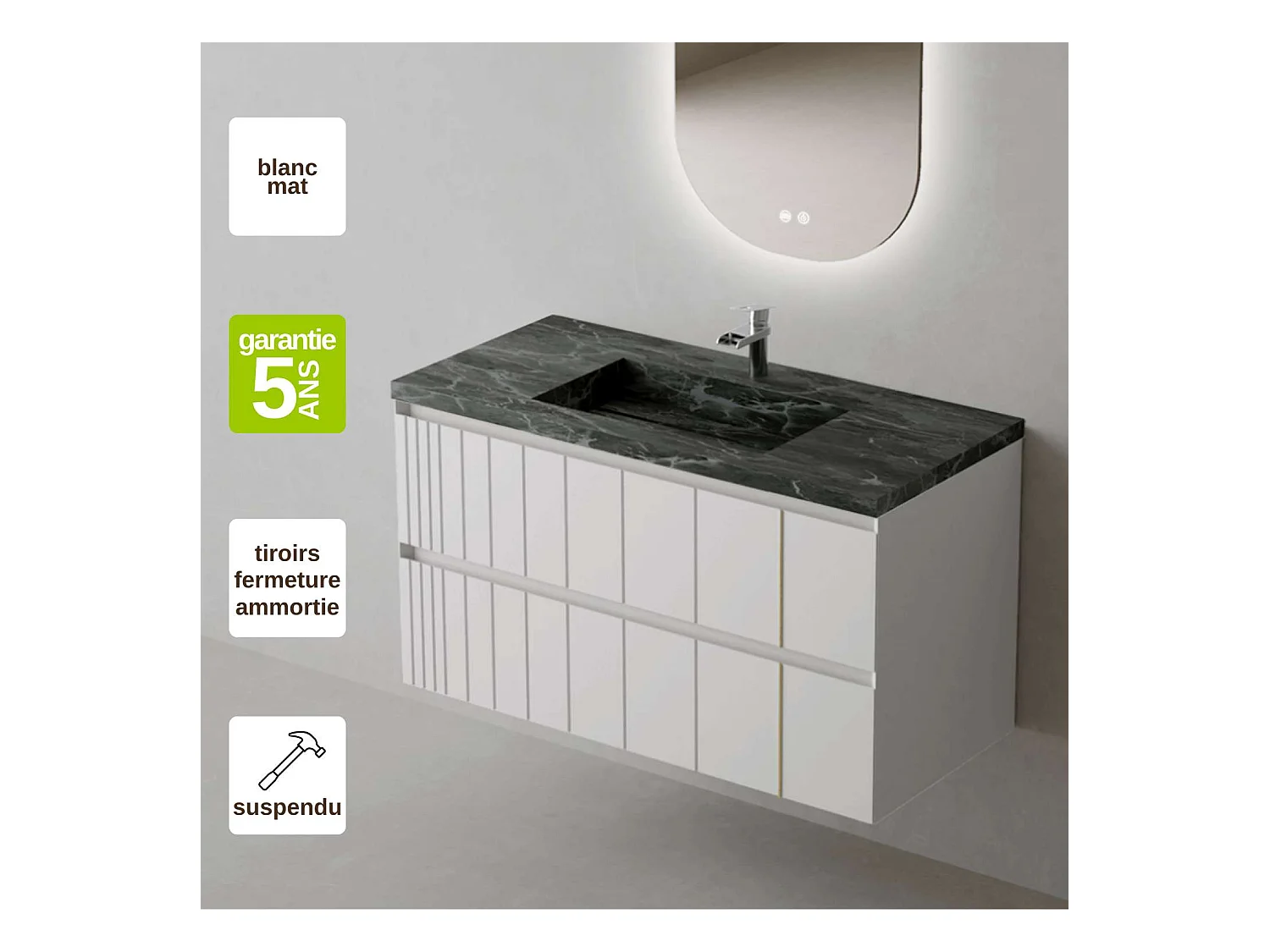 Meuble Salle de Bain POLE (61 cm x H54 x P45 cm), Plan Grès Cérame NA, 2 Tiroirs, Laqué Blanc Mat