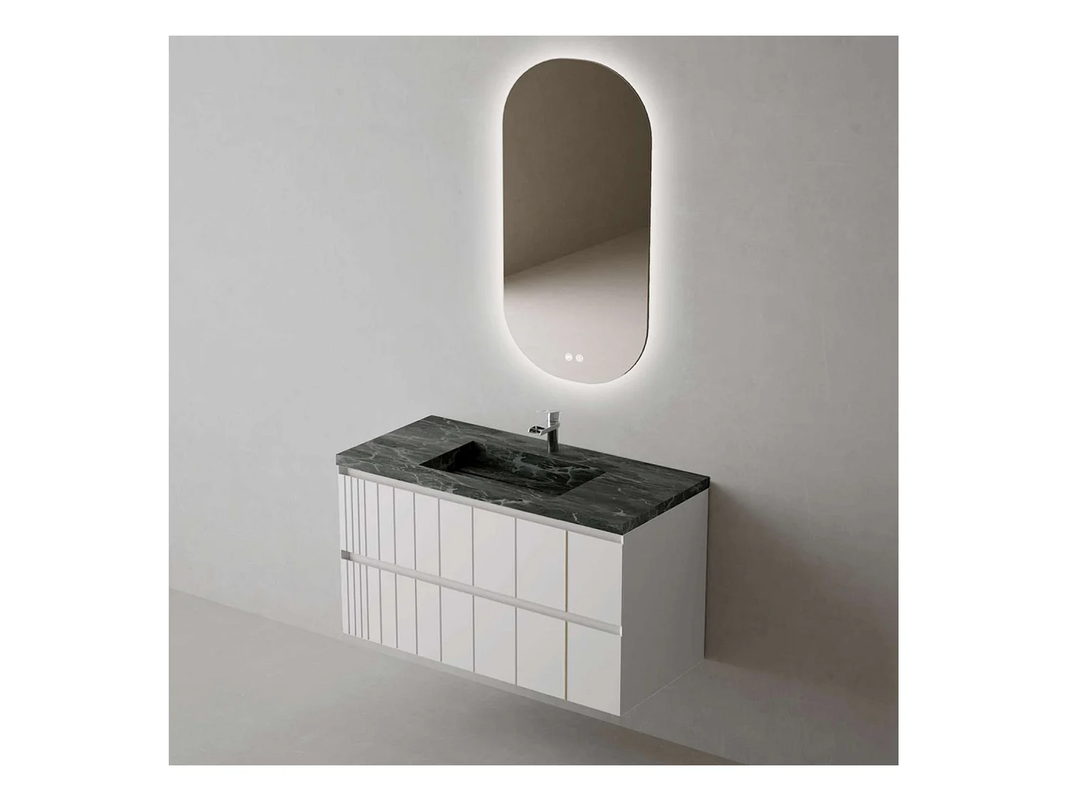 Meuble Salle de Bain POLE (61 cm x H54 x P45 cm), Plan Grès Cérame NA, 2 Tiroirs, Laqué Blanc Mat