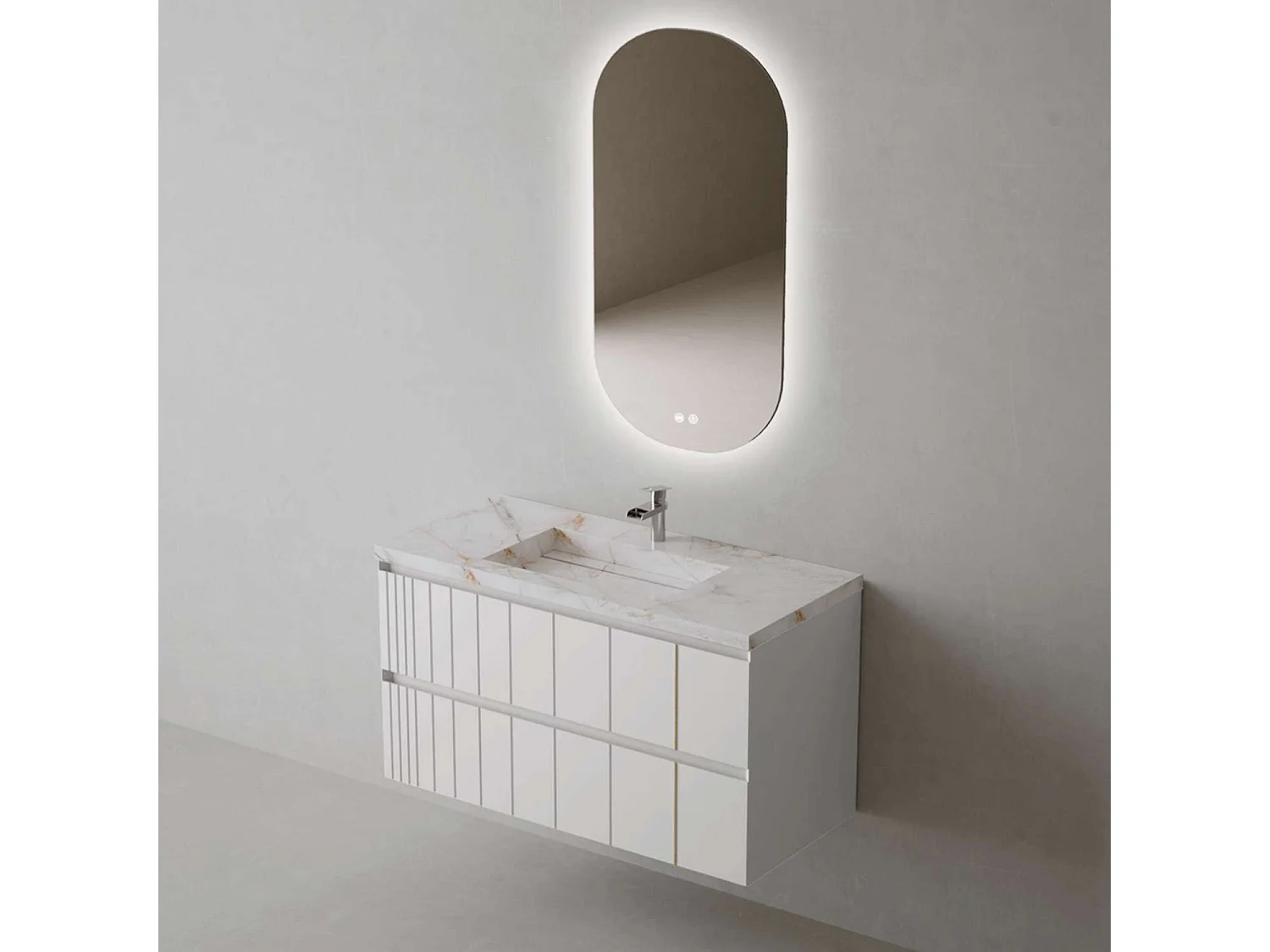 Meuble Salle de Bain POLE (101 cm x H54 x P45 cm), Plan Grès Cérame BS, 2 Tiroirs, Laqué Blanc Mat