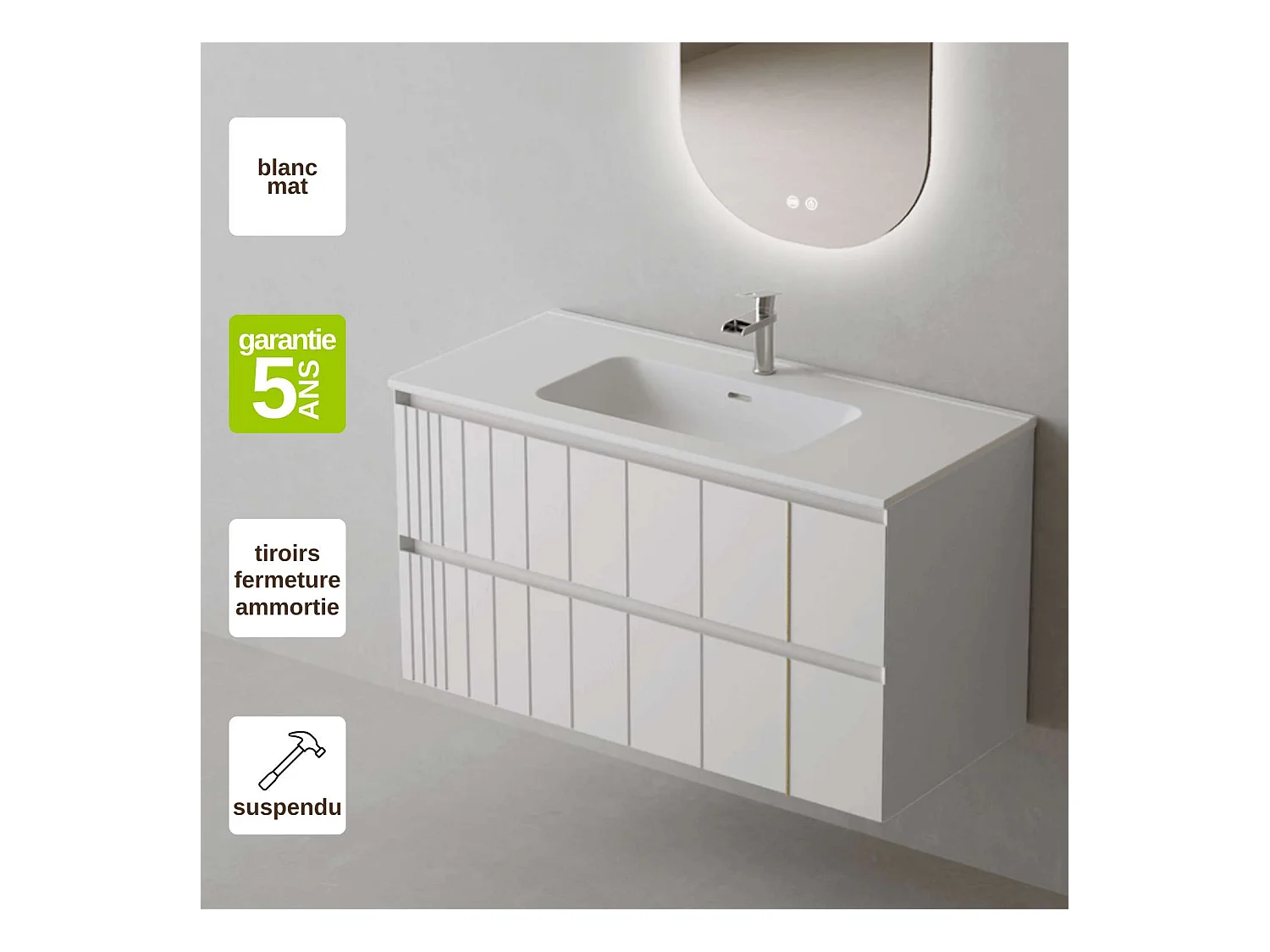 Meuble Salle de Bain POLE (101 cm x H54 x P45 cm), Plan Vasque Céramique WM, 2 Tiroirs, Laqué Blanc Mat
