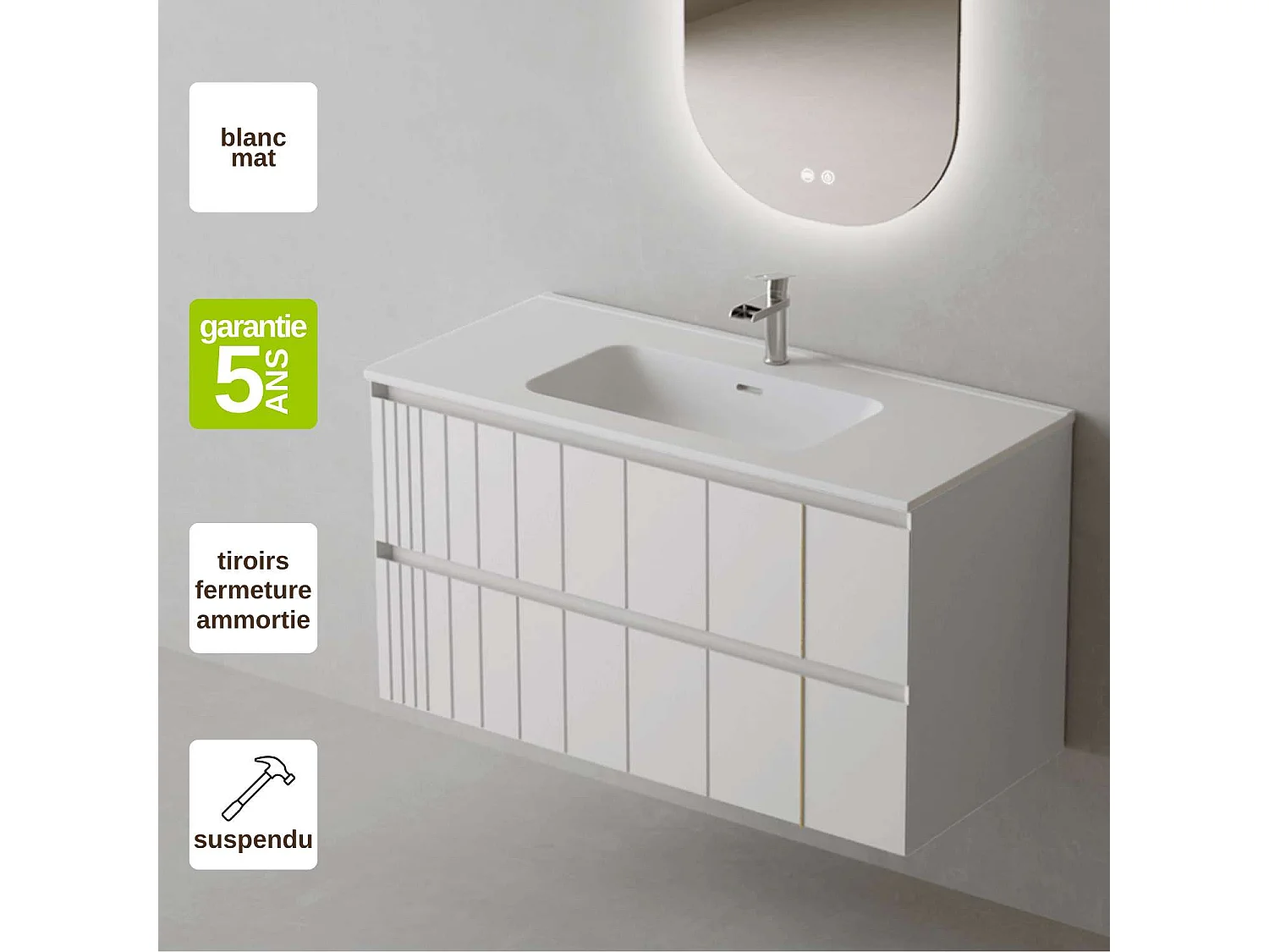 Meuble Salle de Bain POLE 100cm, Plan Vasque Céramique, 2 Tiroirs, Laqué Blanc Mat, H 54cm x P 45cm