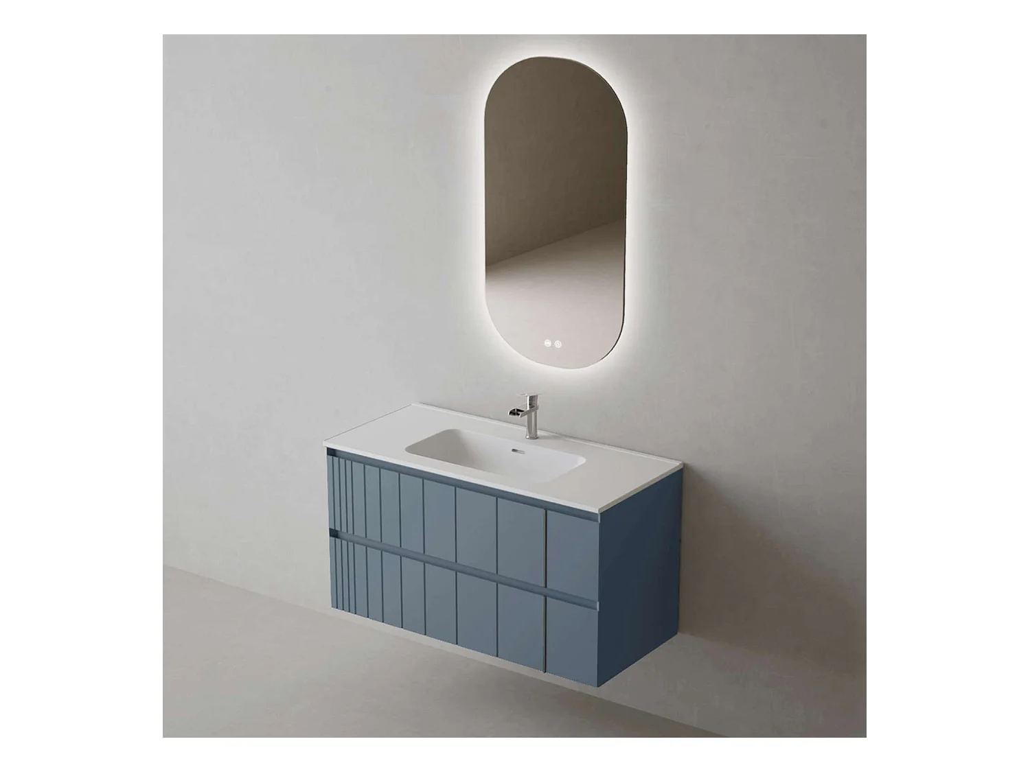 Meuble Salle de Bain POLE (101 cm x H54 x P45 cm), Plan Vasque Céramique WM, 2 Tiroirs, Laqué Bleu Cobalt Mat