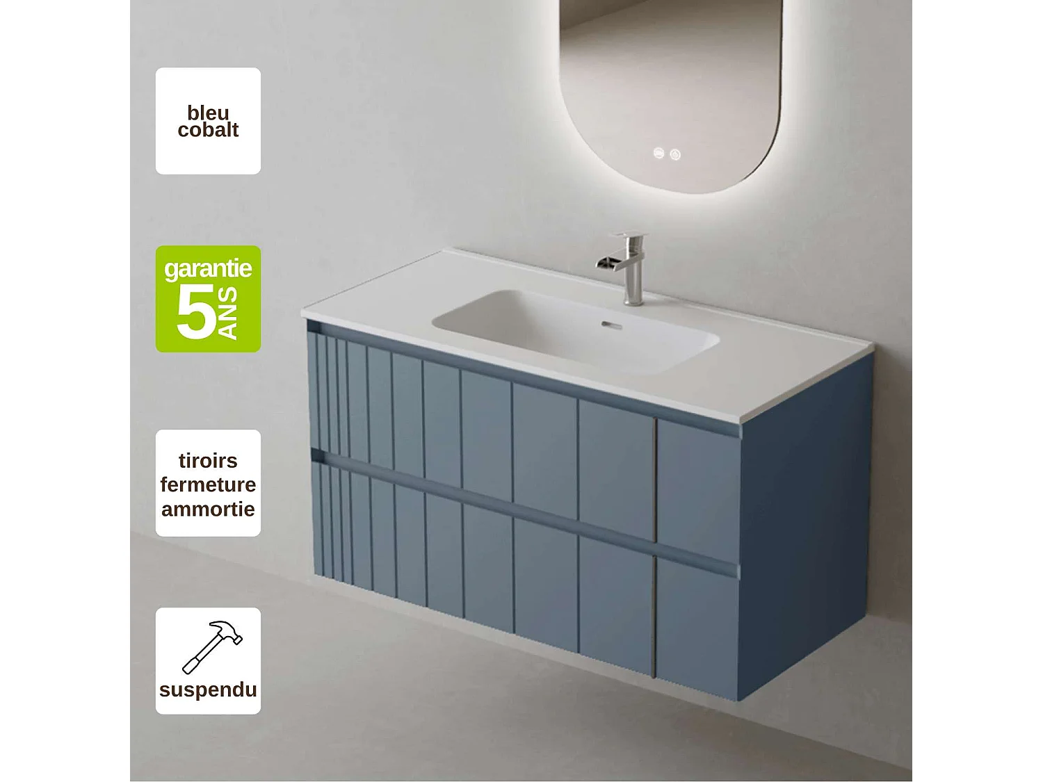 Meuble Salle de Bain POLE 100cm, Plan Vasque Céramique, 2 Tiroirs, Laqué Bleu Cobalt, H 54cm x P 45cm