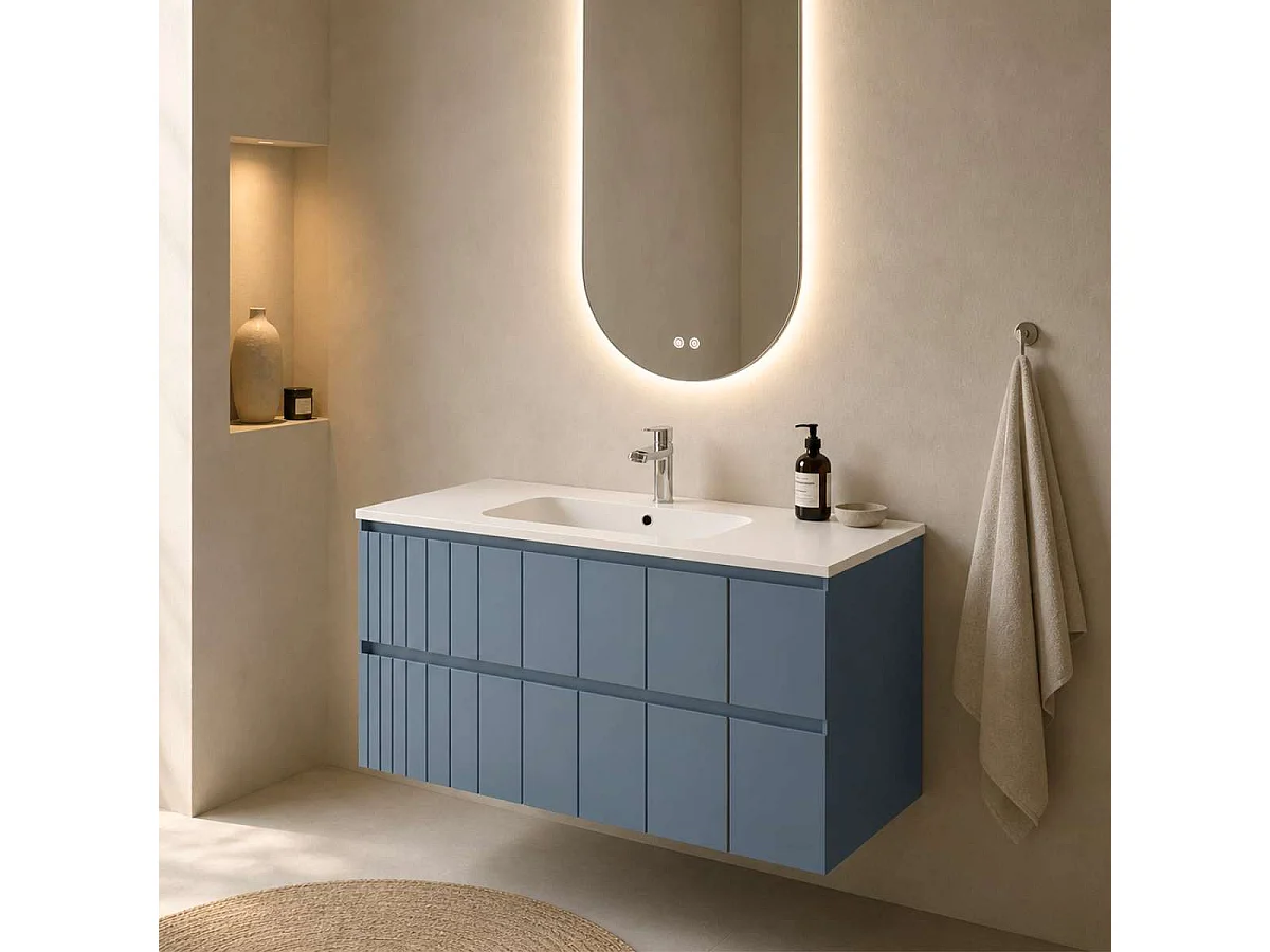 Meuble Salle de Bain POLE 100cm, Plan Vasque Céramique, 2 Tiroirs, Laqué Bleu Cobalt, H 54cm x P 45cm