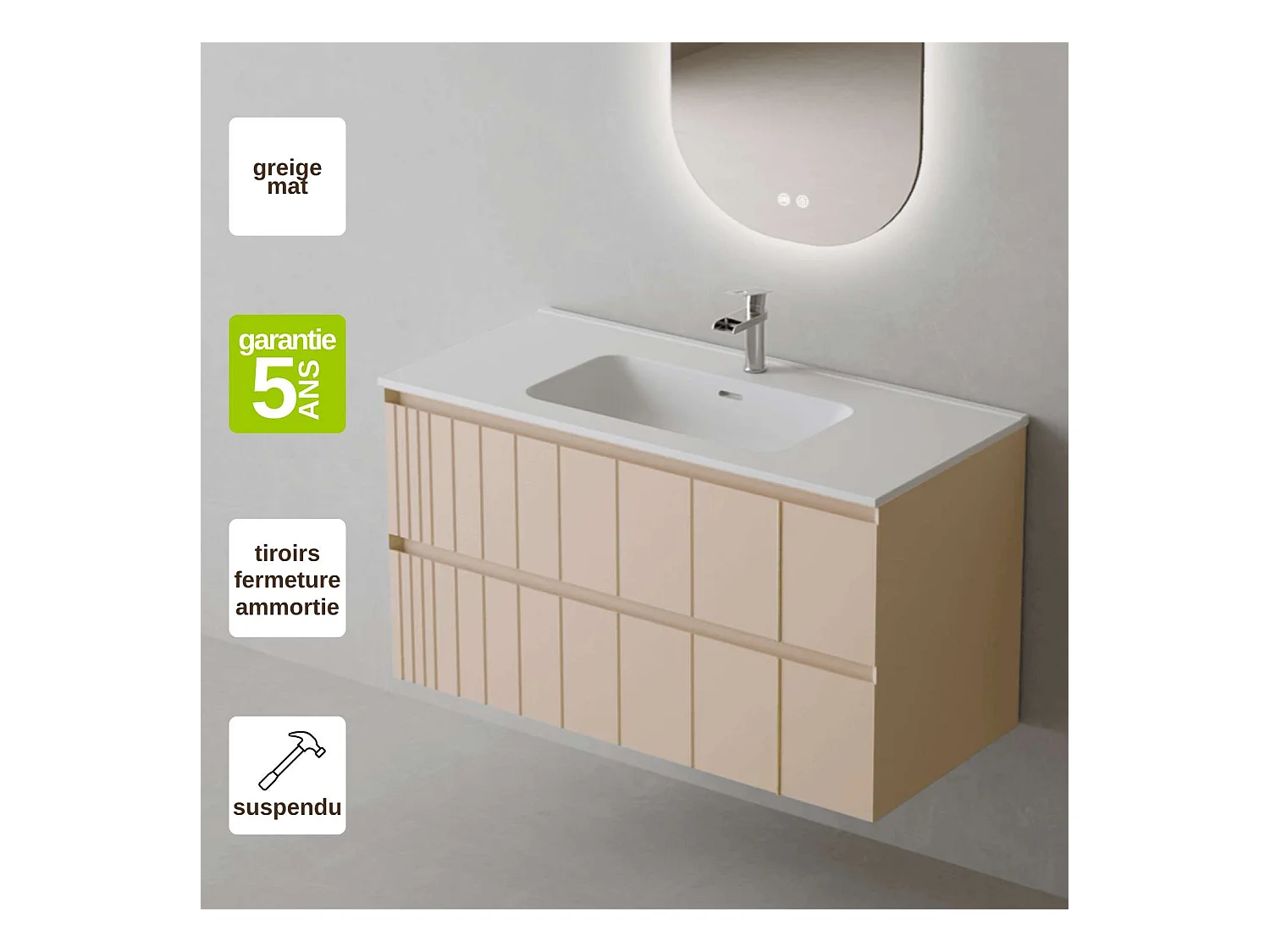 Meuble Salle de Bain POLE (61 cm x H54 x P45 cm), Plan Vasque Céramique WM, 2 Tiroirs, Laqué Greige Mat