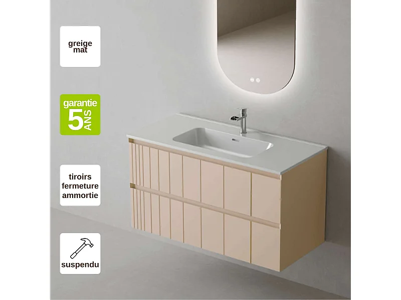 Meuble Salle de Bain POLE (81 cm x H54 x P45 cm), Plan Vasque Céramique WB, 2 Tiroirs, Laqué Greige Mat