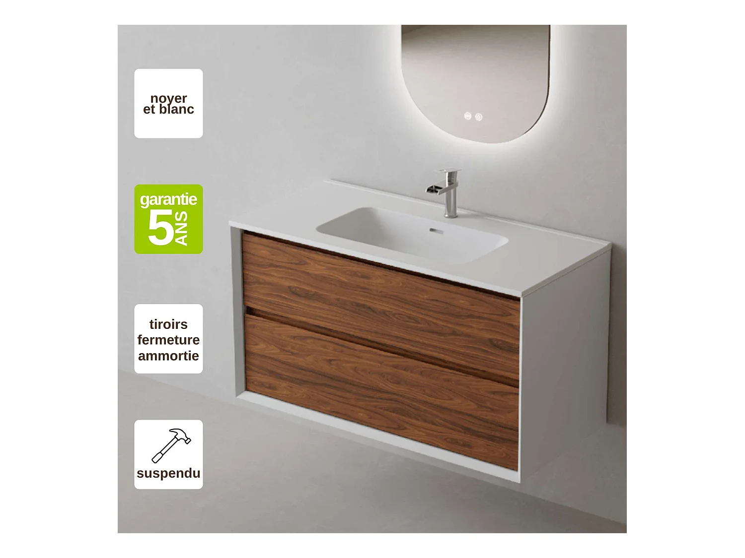 Meuble Salle de Bain COOL  (101 cm x H54 x P45 cm), Plan Vasque Céramique WM, 2 Tiroirs, Laqué Blanc Mat/Noyer