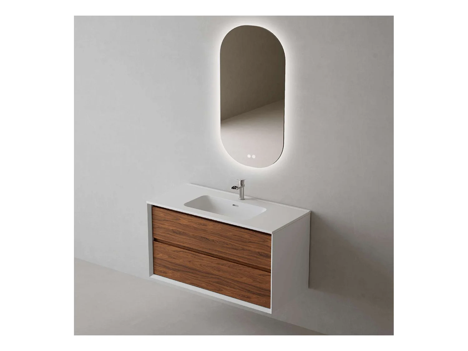 Meuble Salle de Bain COOL  (101 cm x H54 x P45 cm), Plan Vasque Céramique WM, 2 Tiroirs, Laqué Blanc Mat/Noyer