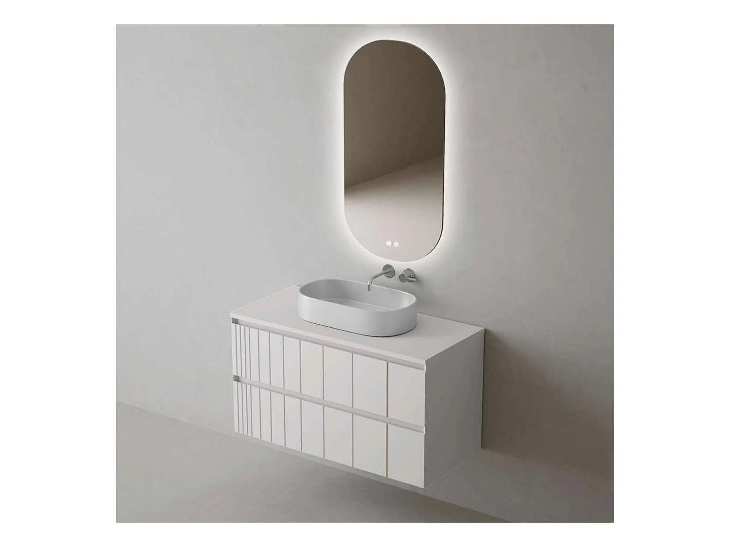 Meuble Salle de Bain POLE (101 cm x H54 x P45 cm), Plan Vasque Marin VAL WB, 2 Tiroirs, Laqué Blanc Mat