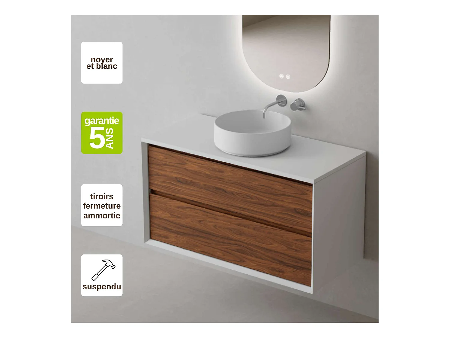 Meuble Salle de Bain COOL  (81 cm x H54 x P45 cm), Plan Vasque Marin ROLL WM, 2 Tiroirs, Laqué Blanc Mat/Noyer