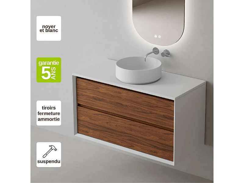 Meuble Salle de Bain COOL  (101 cm x H54 x P45 cm), Plan Vasque Marin ROLL WM, 2 Tiroirs, Laqué Blanc Mat/Noyer