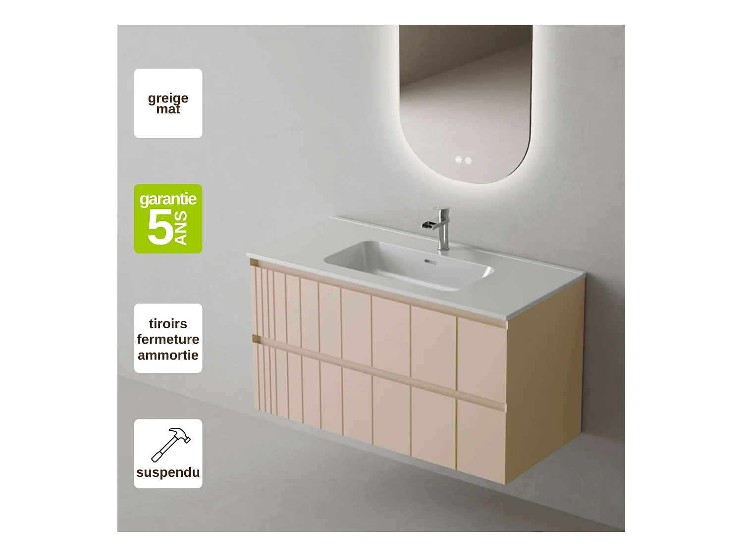 Meuble Salle de Bain POLE (101 cm x H54 x P45 cm), Plan Vasque Céramique WB, 2 Tiroirs, Laqué Greige Mat