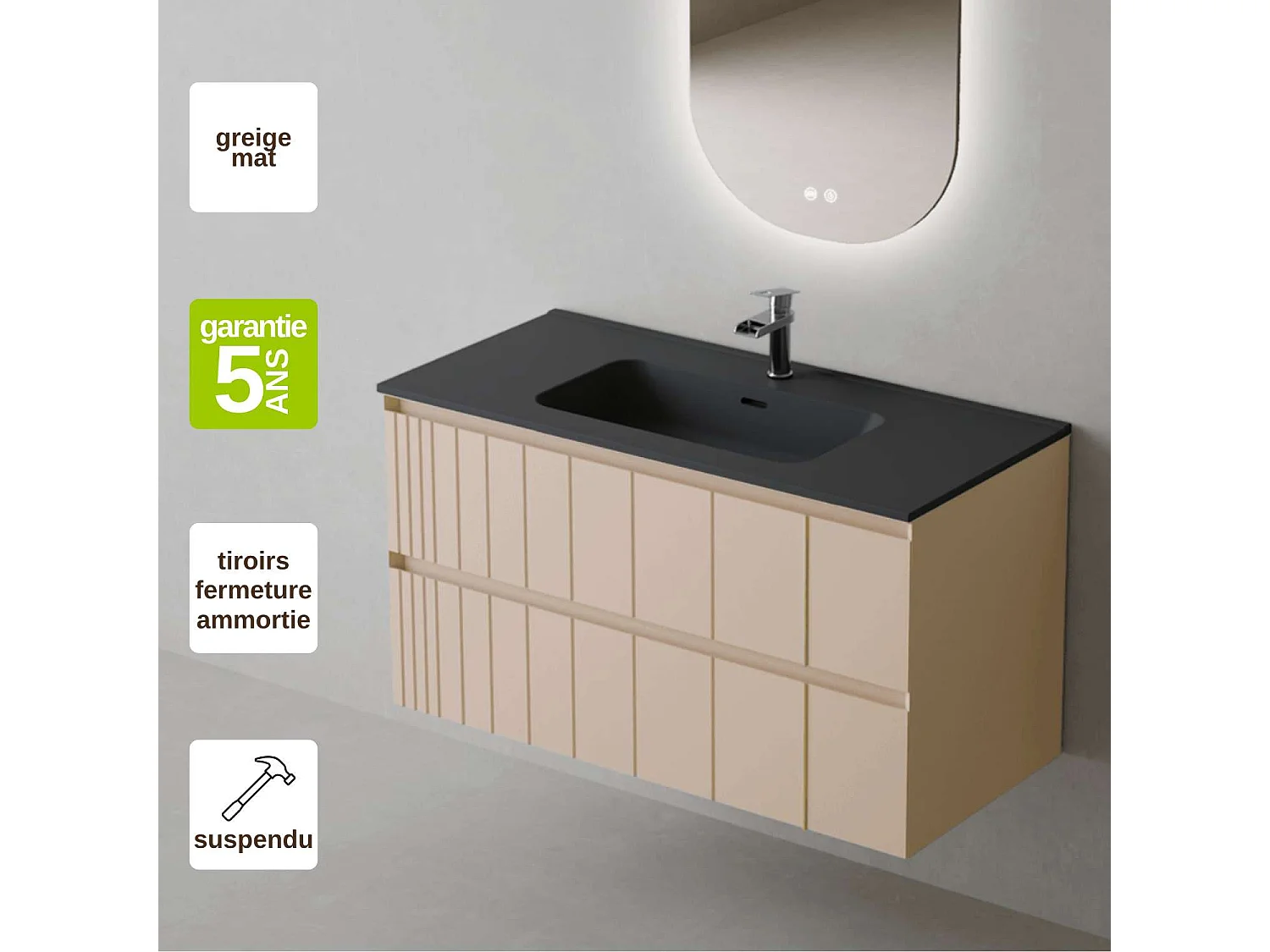 Meuble Salle de Bain POLE 80cm, Plan Vasque Céramique, 2 Tiroirs, Laqué Greige Mat, H 54cm x P 45cm