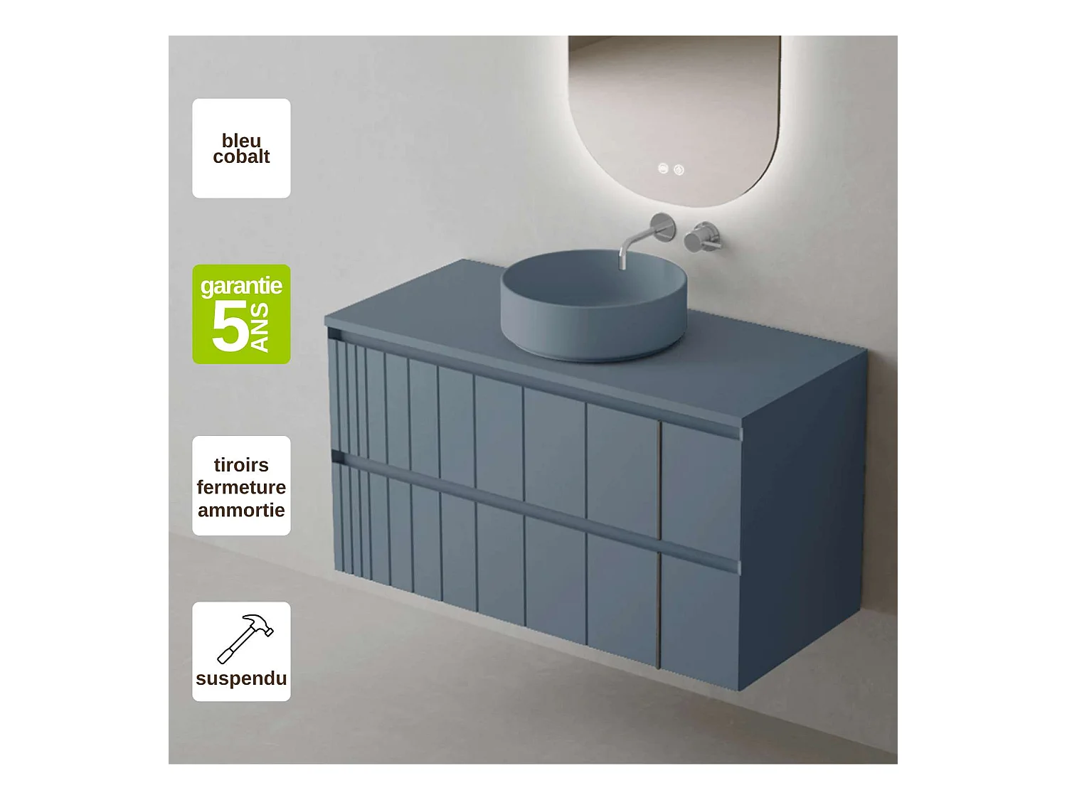 Meuble Salle de Bain POLE (101 cm x H54 x P45 cm), Plan Vasque Marin ROLL BC.Mat, 2 Tiroirs, Laqué Bleu Cobalt Mat