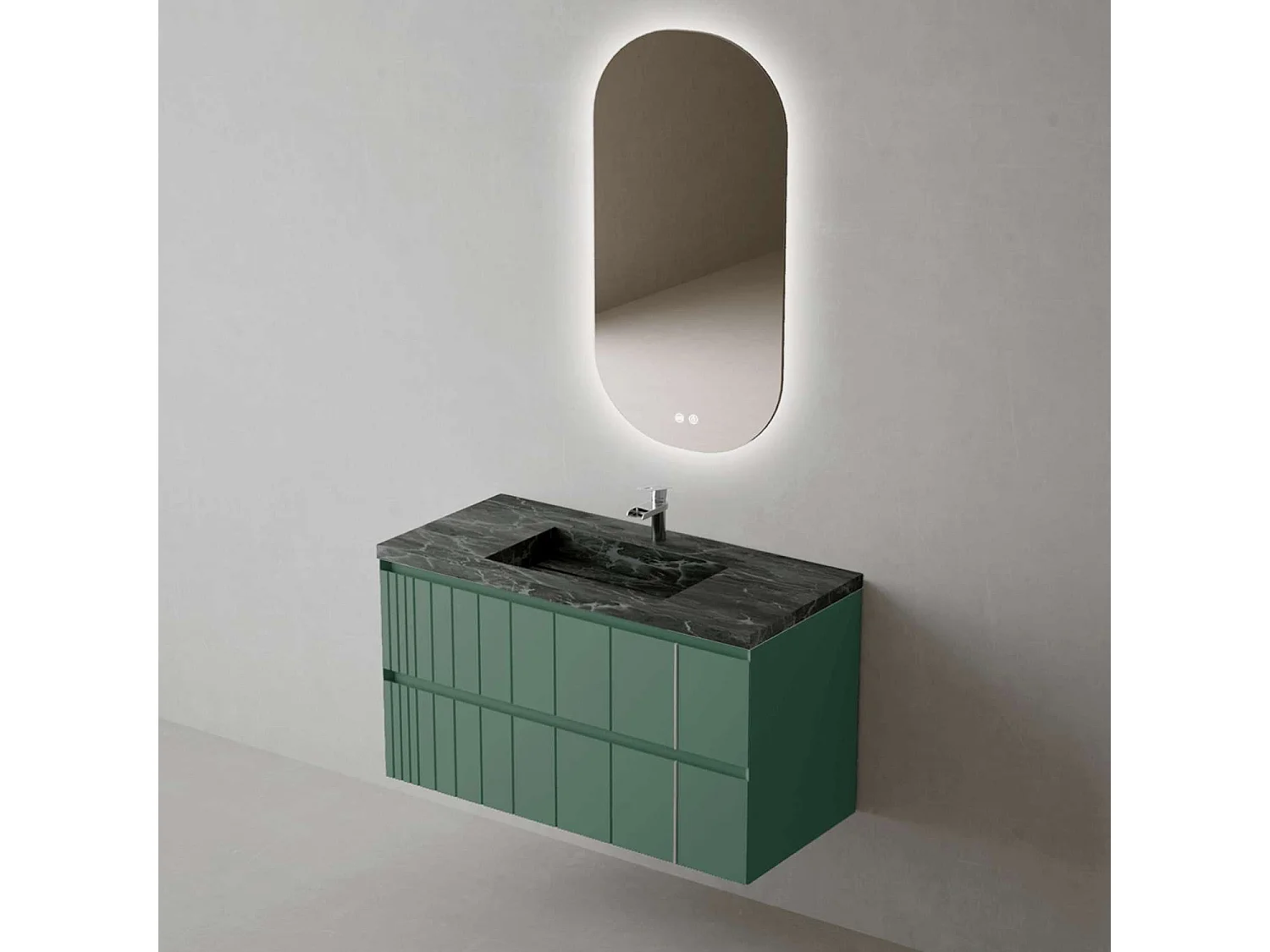 Meuble Salle de Bain POLE (61 cm x H54 x P45 cm), Plan Grès Cérame NA, 2 Tiroirs, Laqué Vert Mint