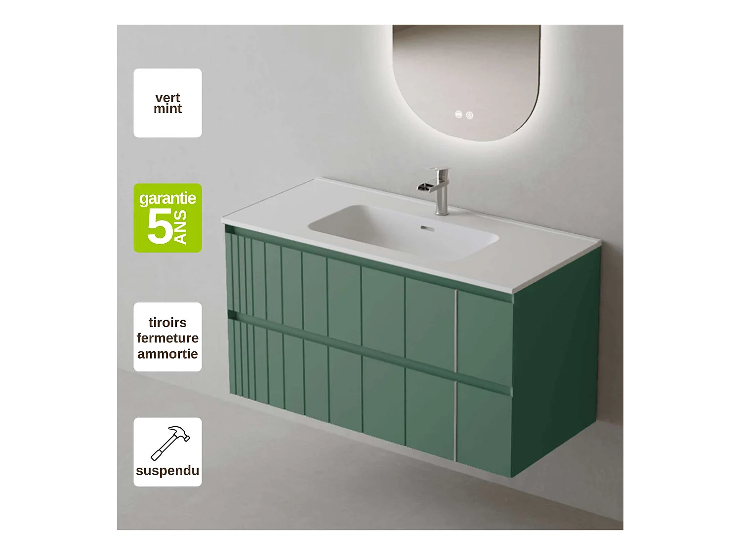 Meuble Salle de Bain POLE (81 cm x H54 x P45 cm), Plan Vasque Céramique WM, 2 Tiroirs, Laqué Vert Mint